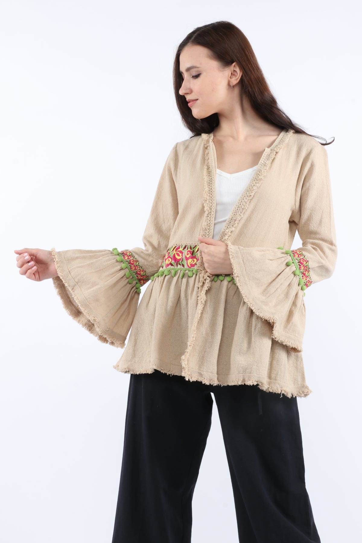 داليدرس كارديجان سادة مزين بالخيوط كم طويل نسائي بيج