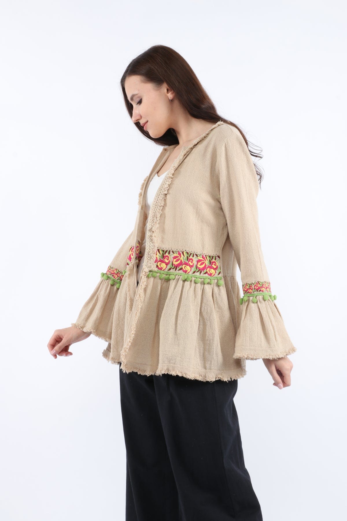 داليدرس كارديجان سادة مزين بالخيوط كم طويل نسائي بيج