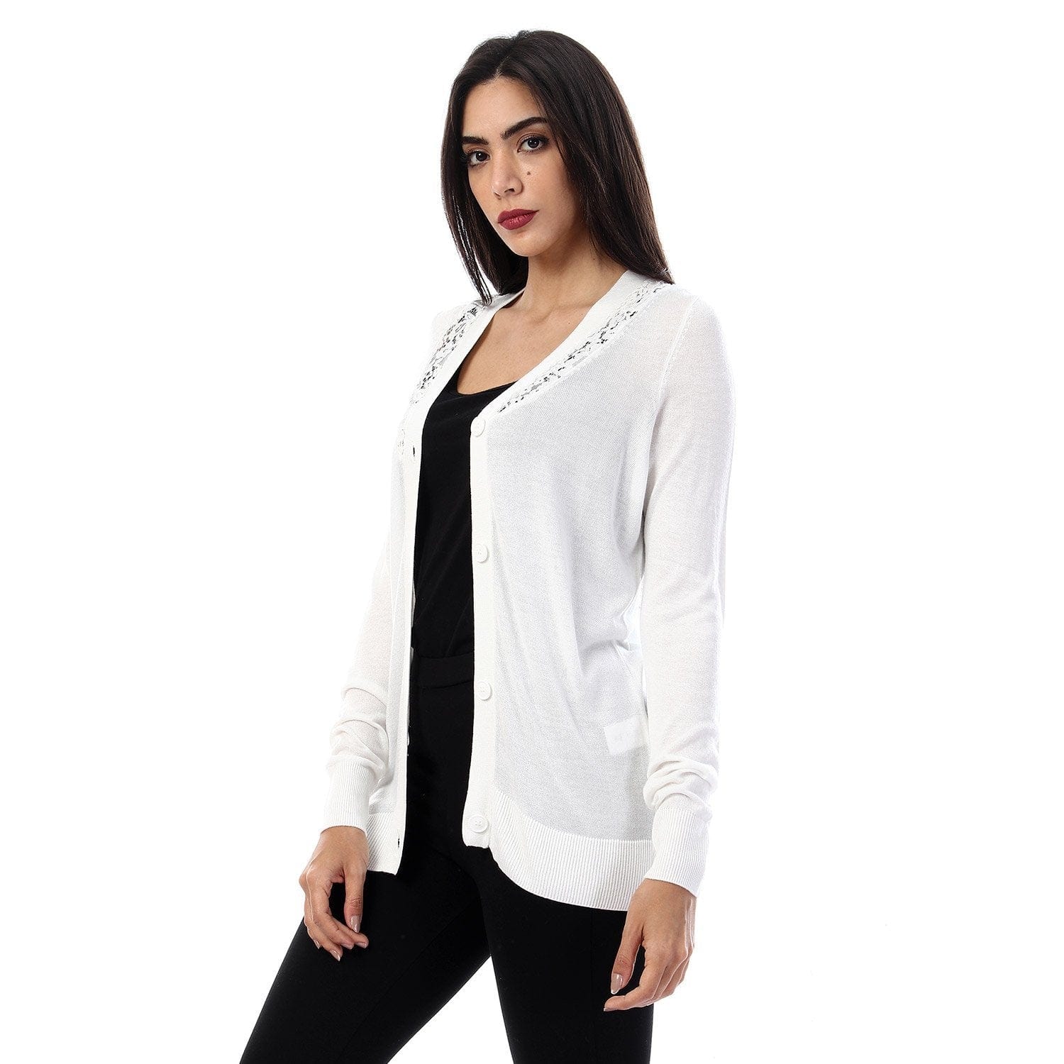 داليدرس كارديجان سادة بأزرار أمامية كتف دانتيل كم طويل أوف وايت