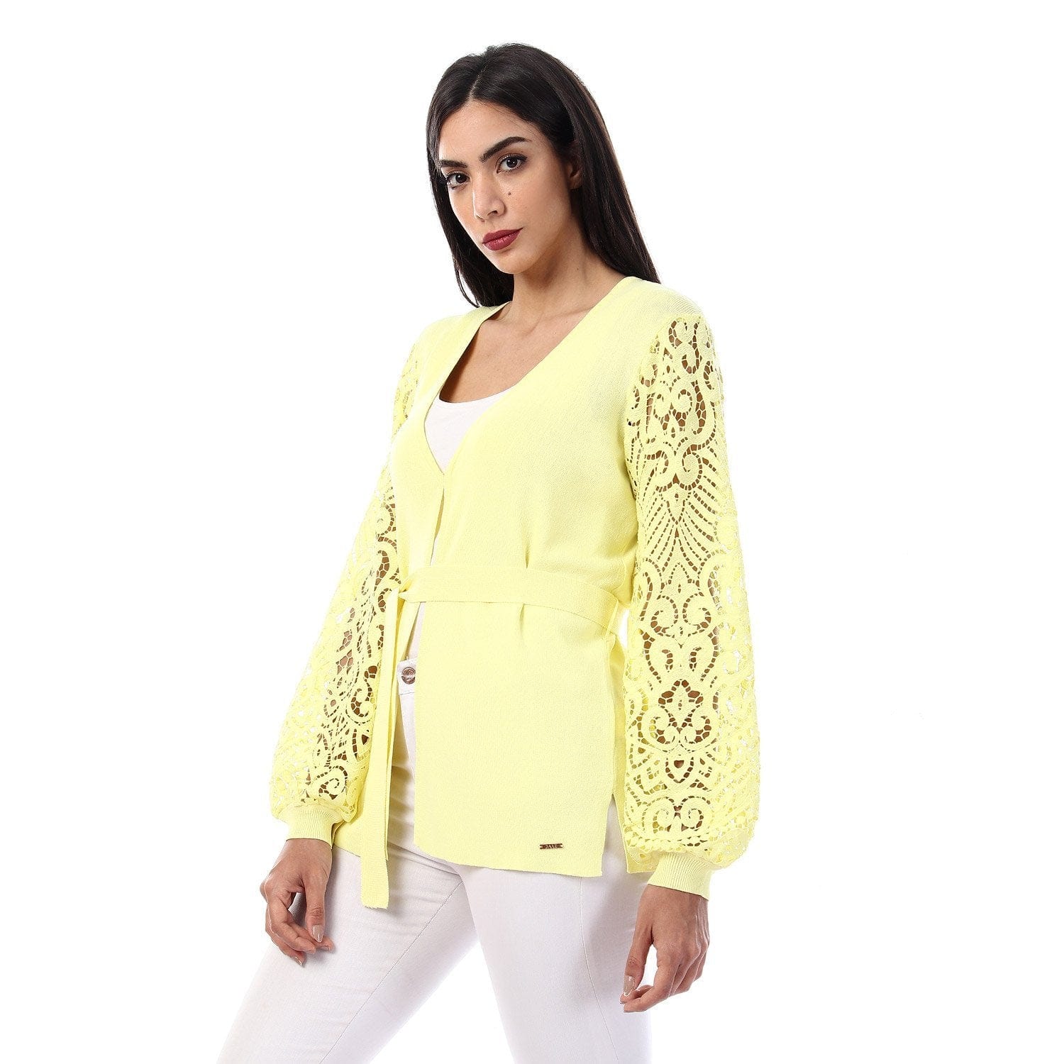 داليدرس كارديجان سادة كم طويل شفاف برباط على الخصر