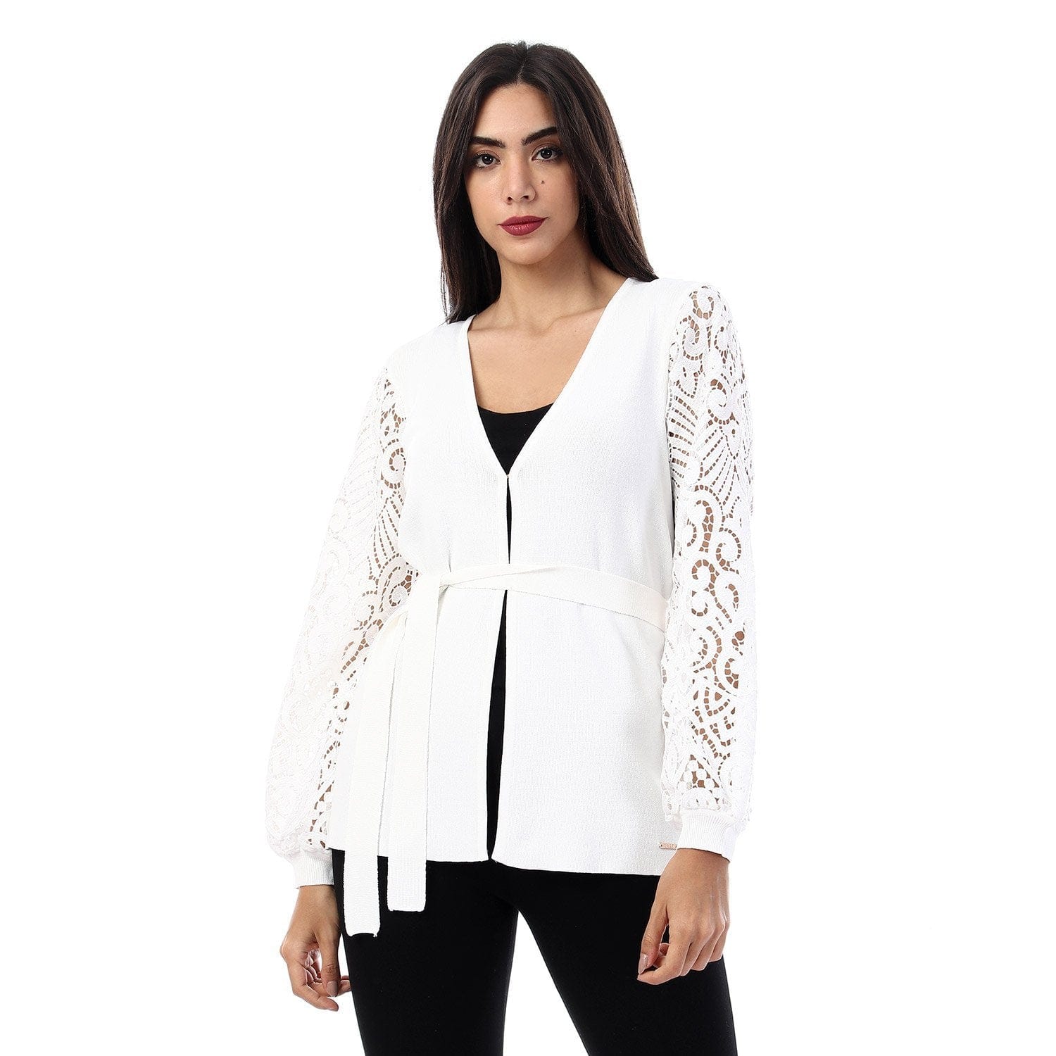 داليدرس كارديجان سادة كم طويل شفاف برباط على الخصر