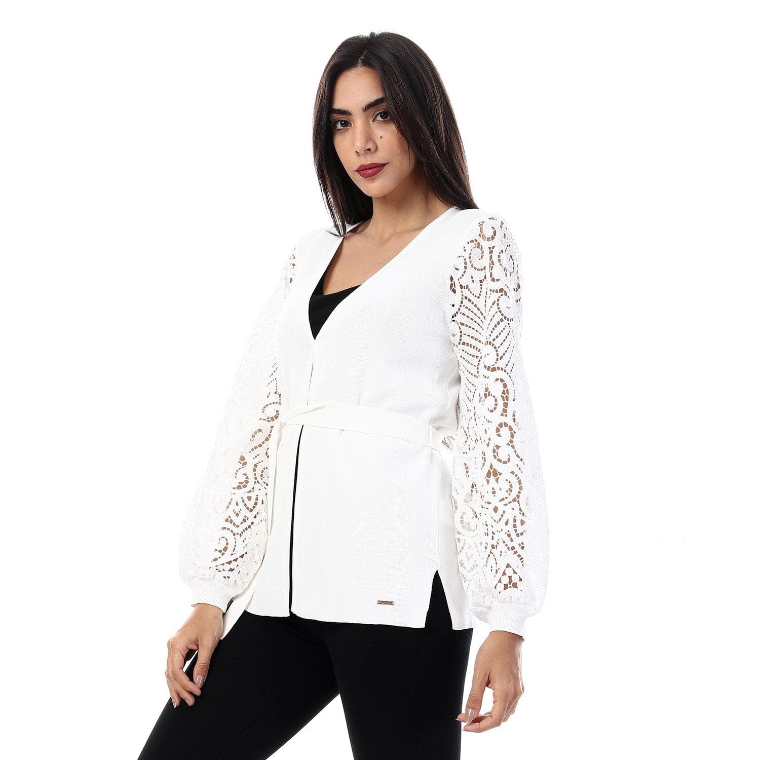 داليدرس كارديجان سادة كم طويل شفاف برباط على الخصر