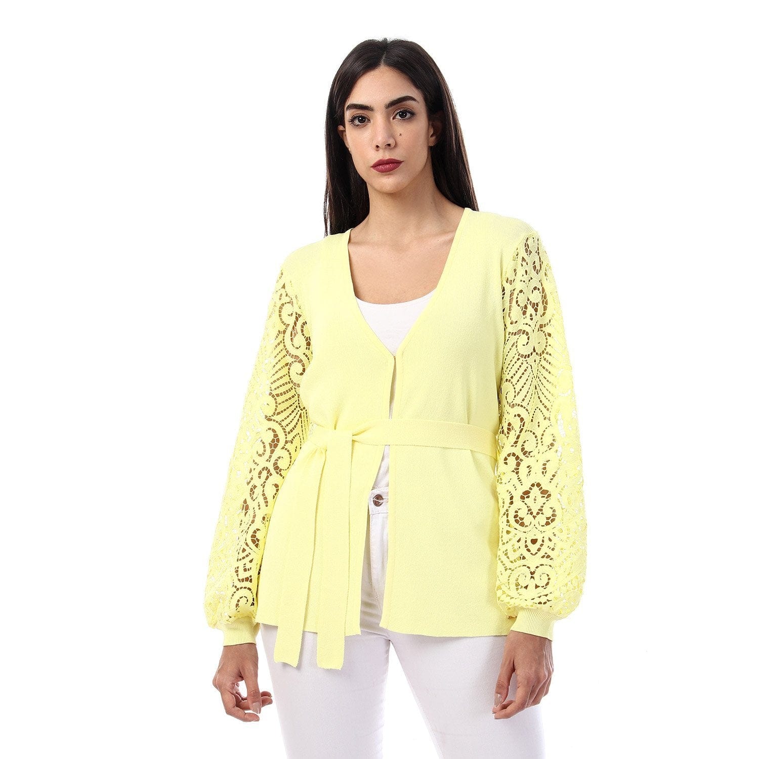 داليدرس كارديجان سادة كم طويل شفاف برباط على الخصر