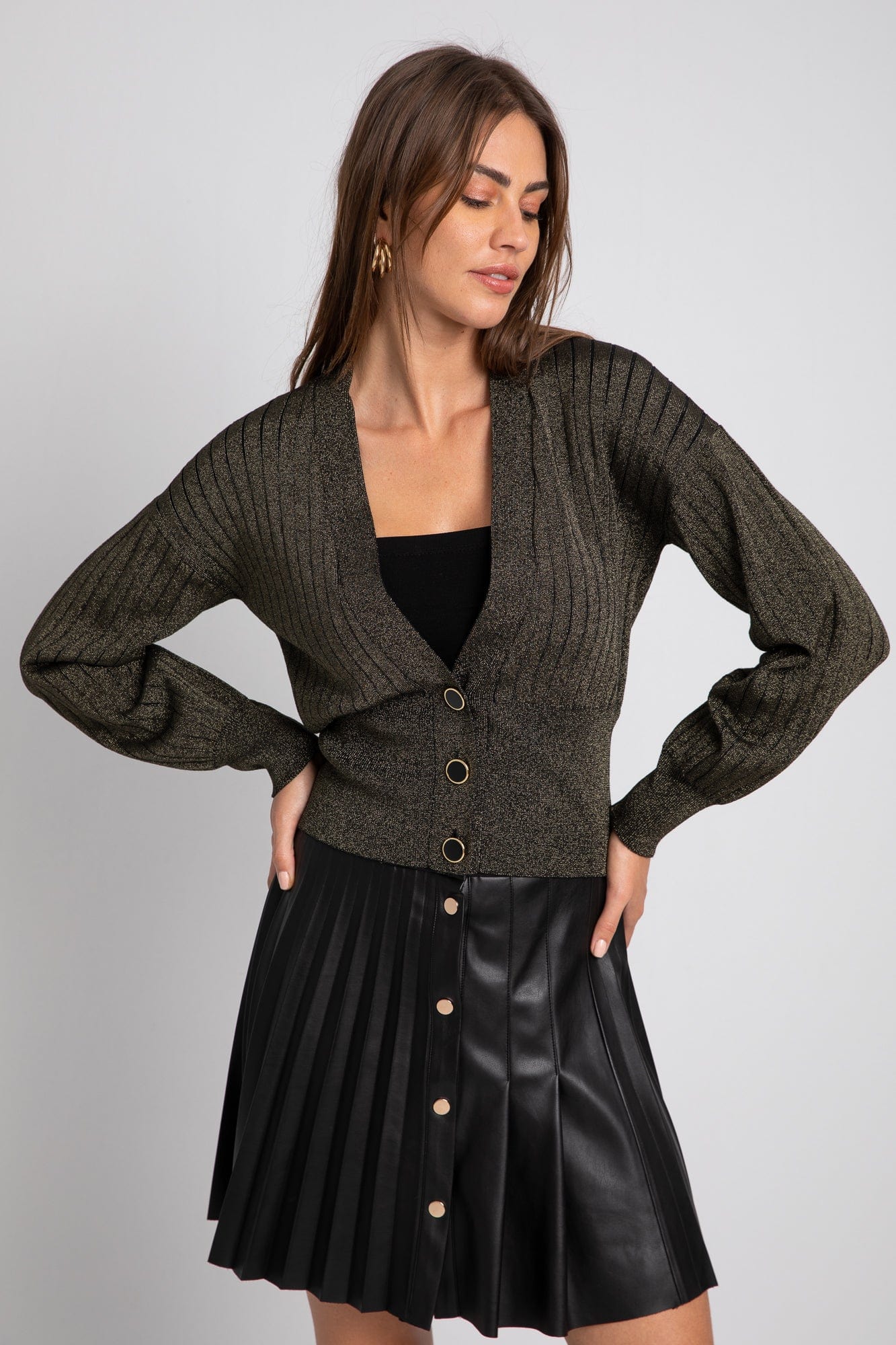 داليدرس كارديجان بأزرار أمامية مفتوحة كم طويل نسائي أسود/ذهبي