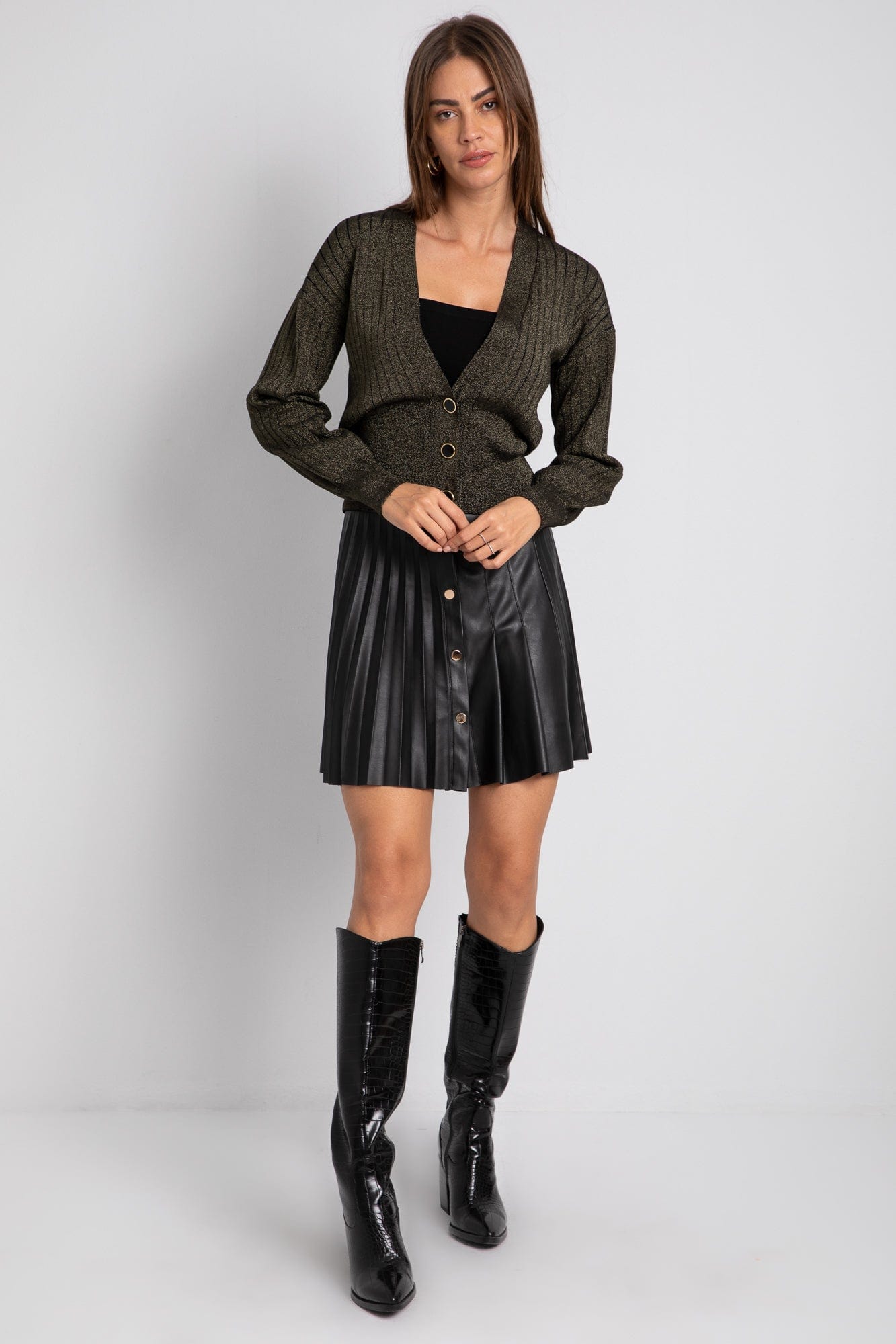 داليدرس كارديجان بأزرار أمامية مفتوحة كم طويل نسائي أسود/ذهبي