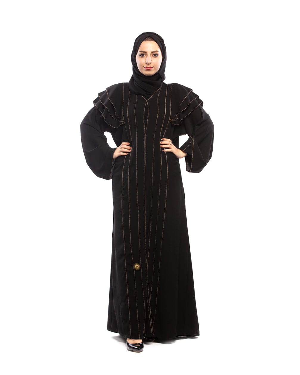 جوهرة عبايه مخططة ملكي كلاسيكية مع شيفون على الكتف وخياطة ذهبية أسود