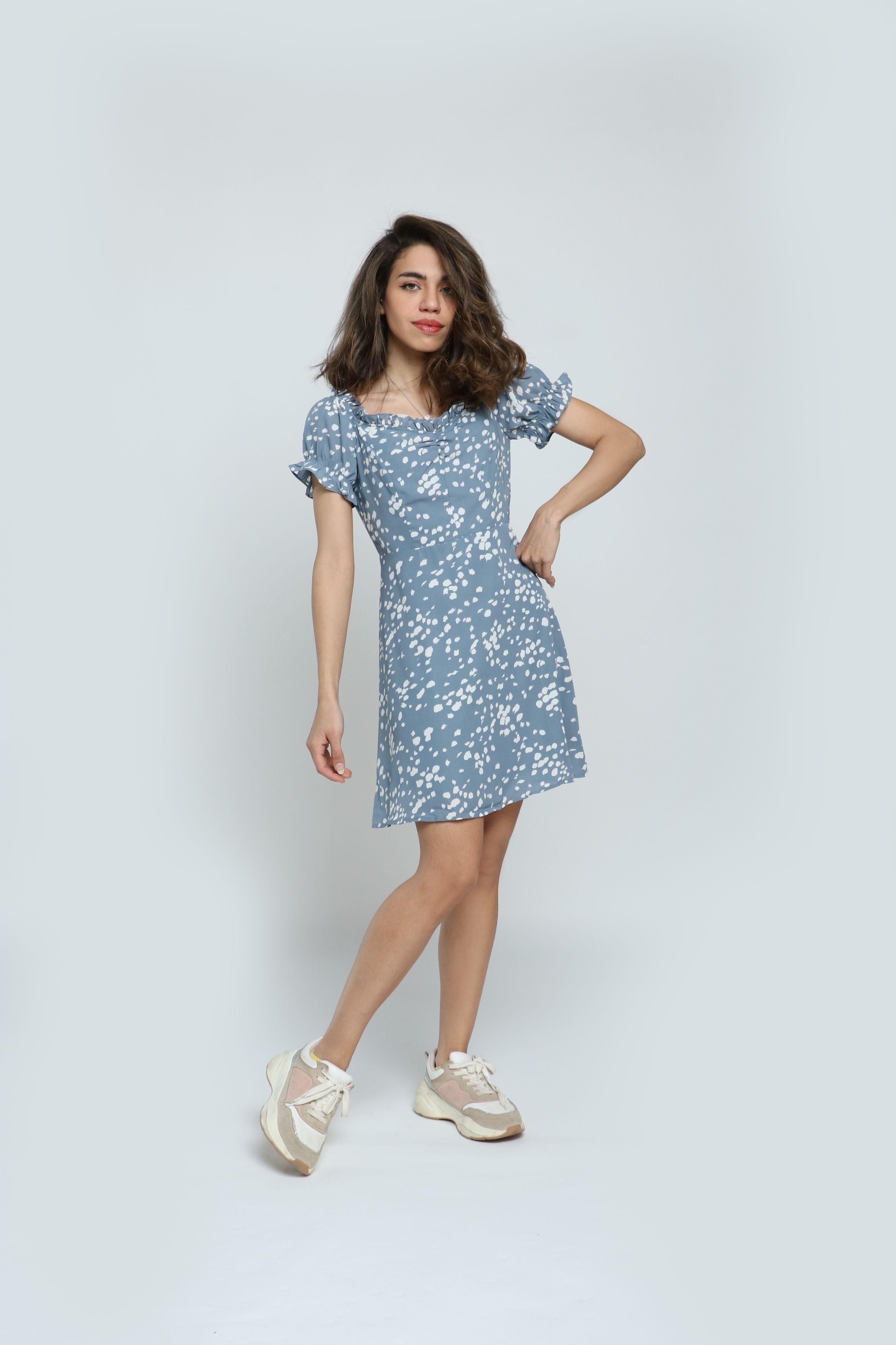 كيتشن فستان منقوش قصير نص كم بف نسائي