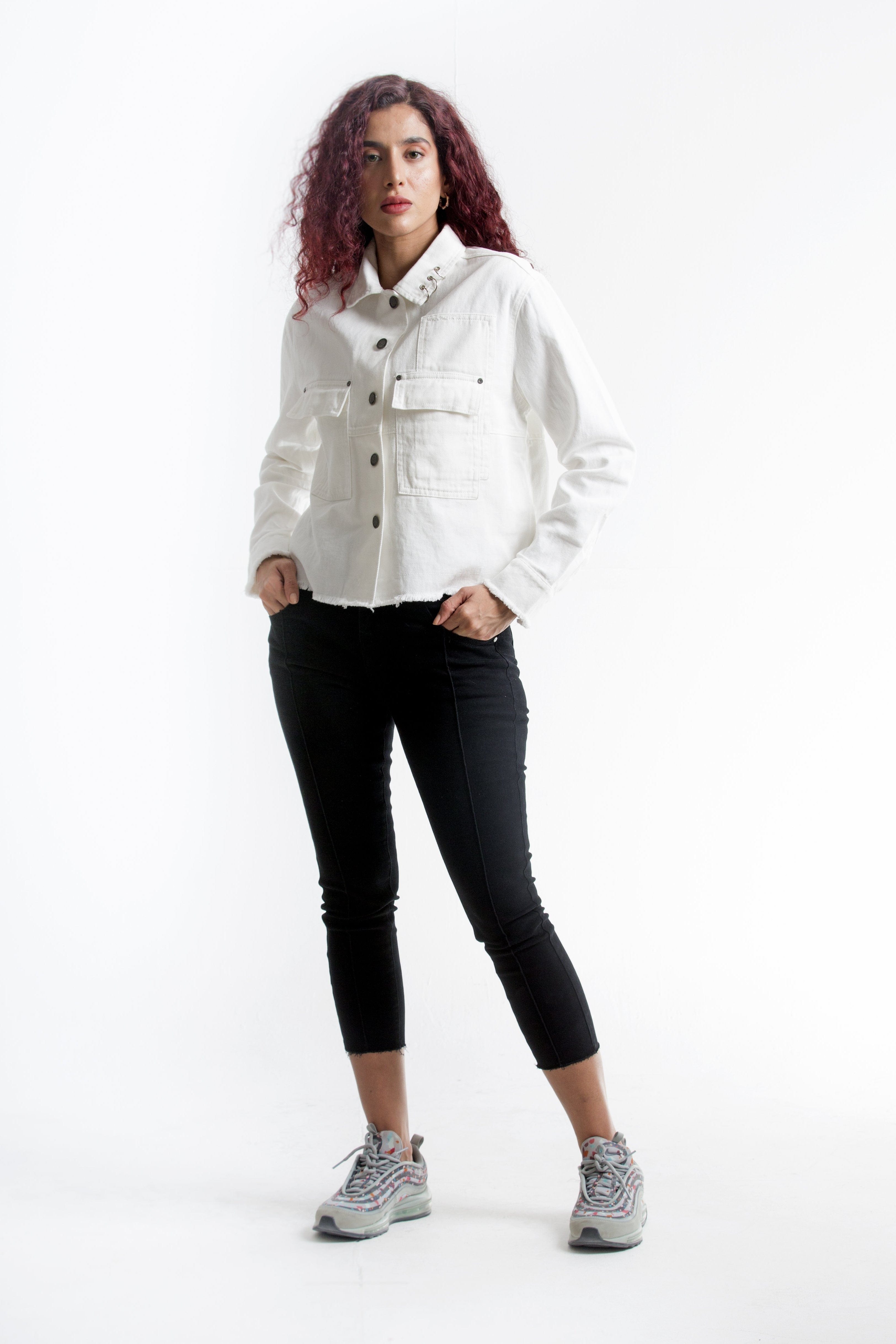 كيتشن جاكيت قصير قطني نسائي بجيوب أمامية