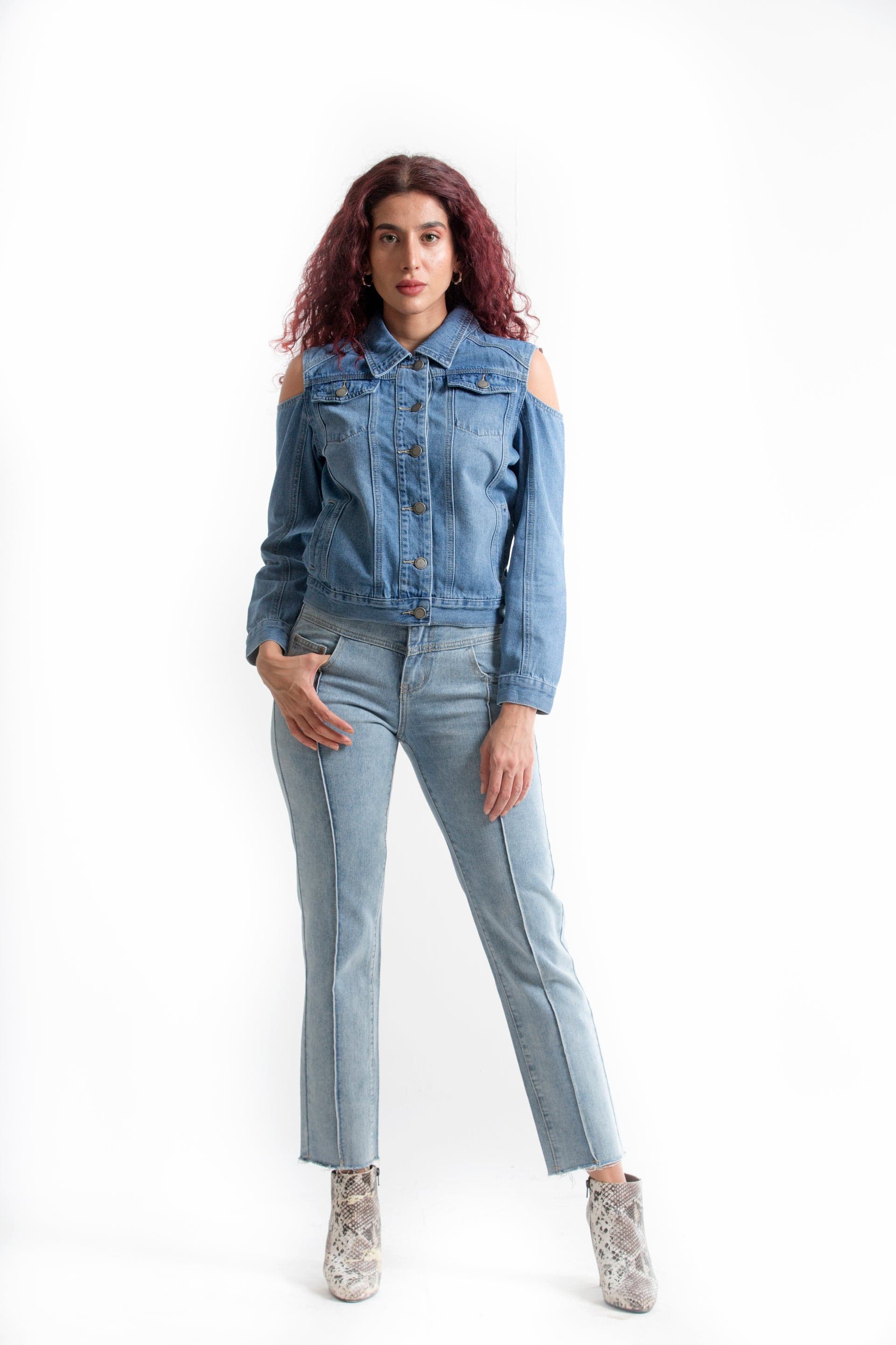 كيتشن جاكيت بكم طويل جينز بدون كتف نسائي أزرق