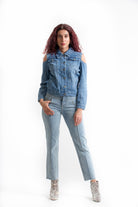 كيتشن جاكيت بكم طويل جينز بدون كتف نسائي أزرق