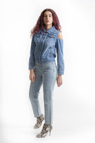 كيتشن جاكيت بكم طويل جينز بدون كتف نسائي أزرق