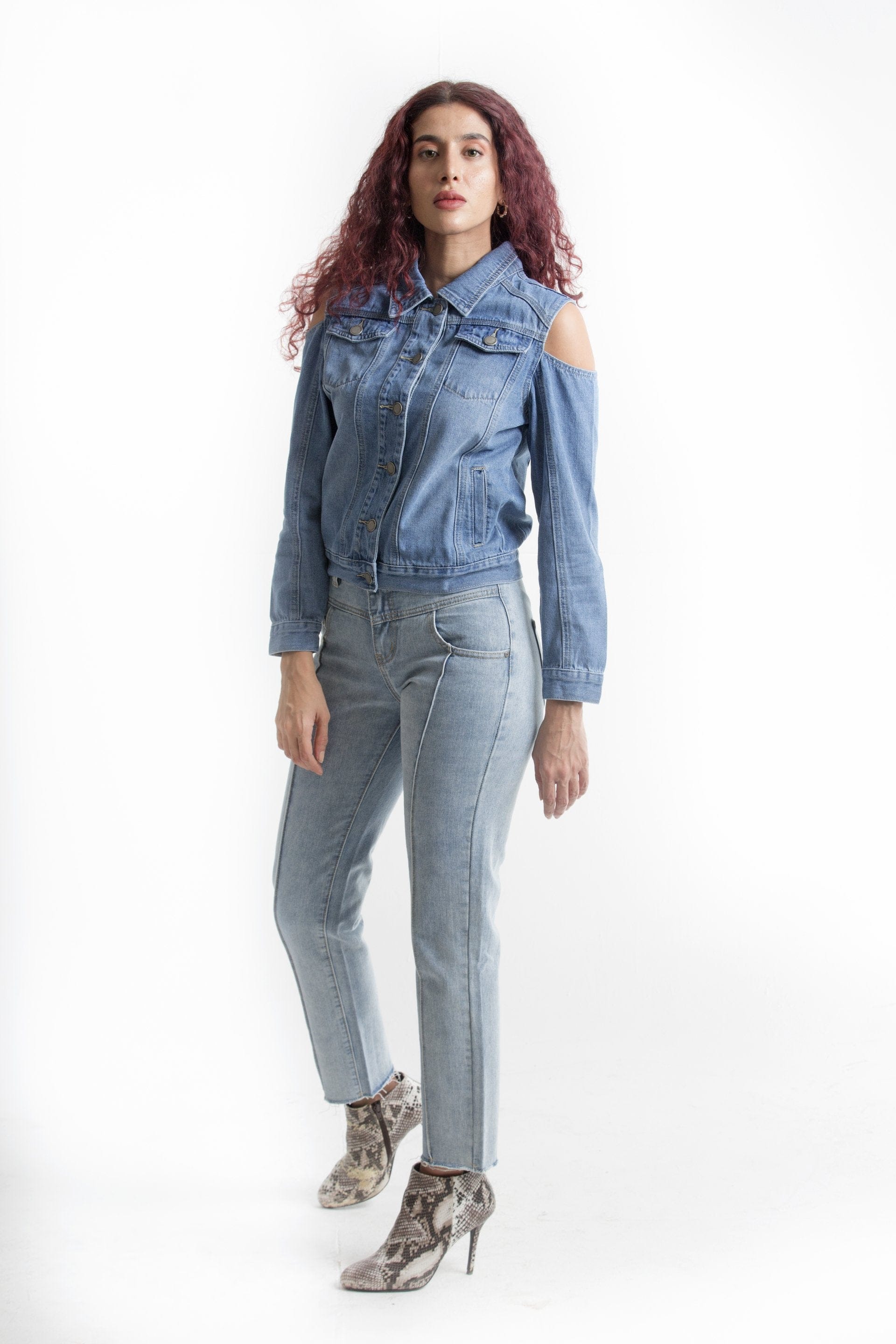 كيتشن جاكيت بكم طويل جينز بدون كتف نسائي أزرق