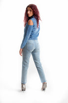 كيتشن جاكيت بكم طويل جينز بدون كتف نسائي أزرق