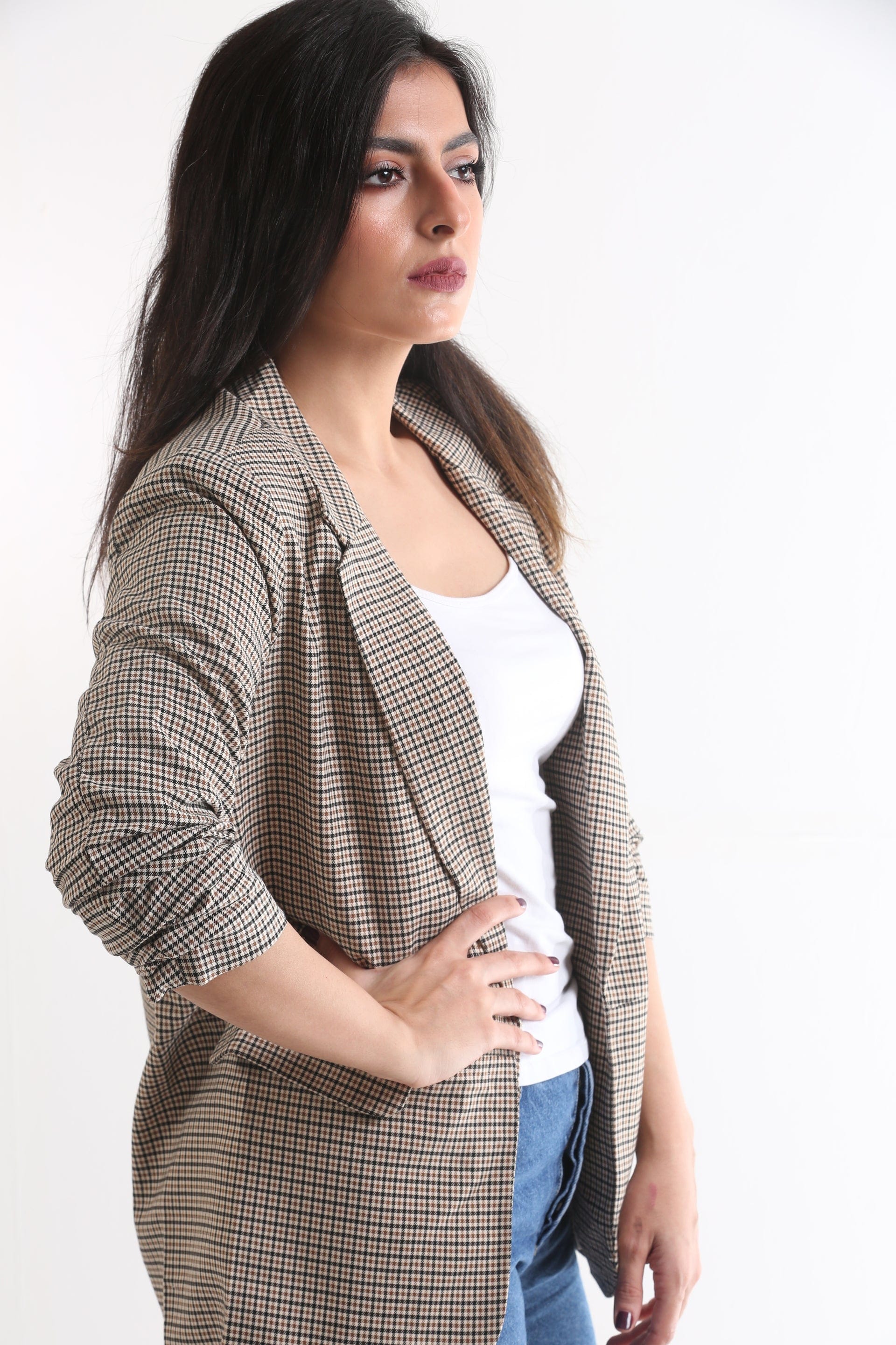 سترة مربعات رسمي بأكمام طويلة