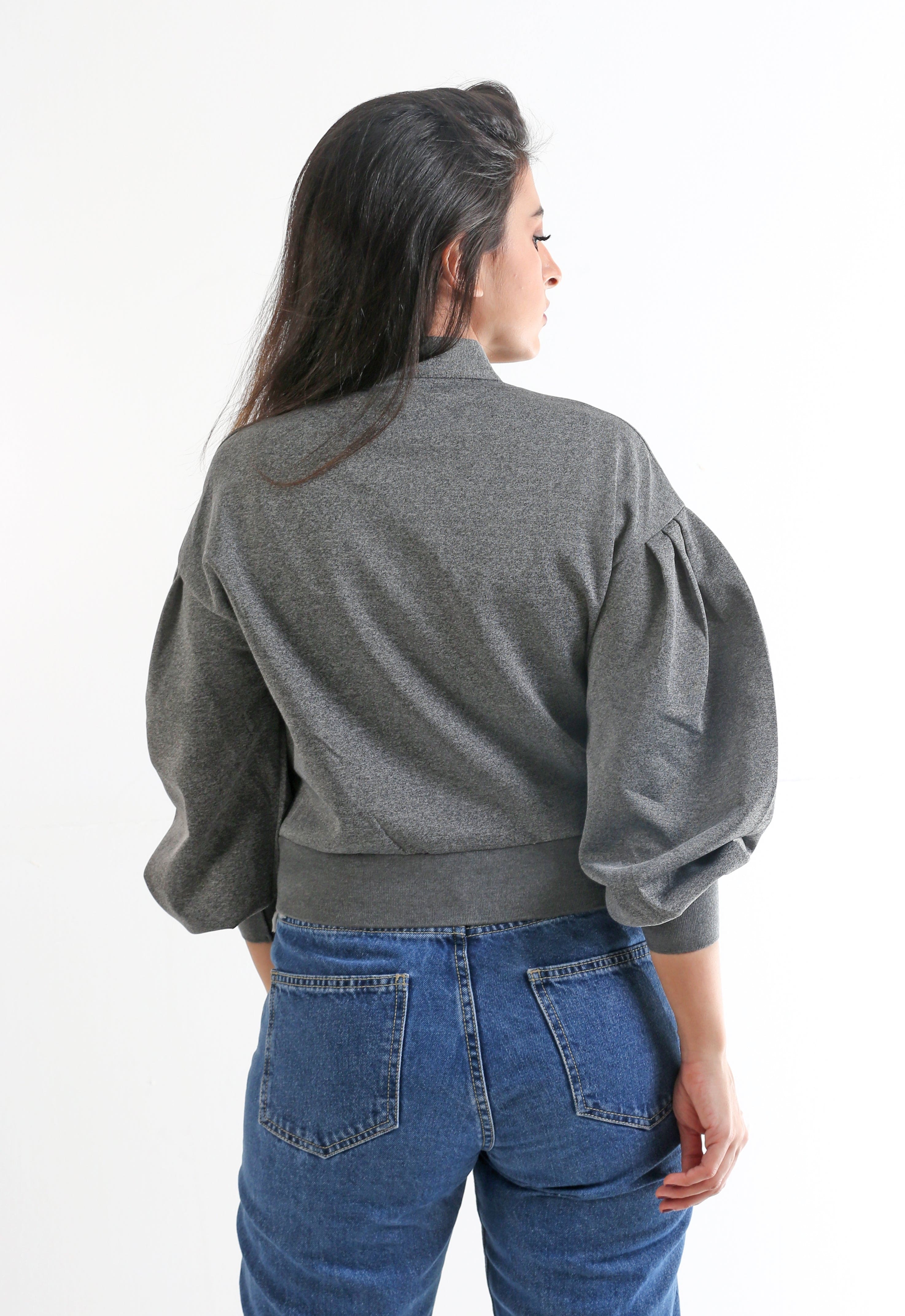 نتشي سترة سادة بسحاب بأكمام طويلة بف