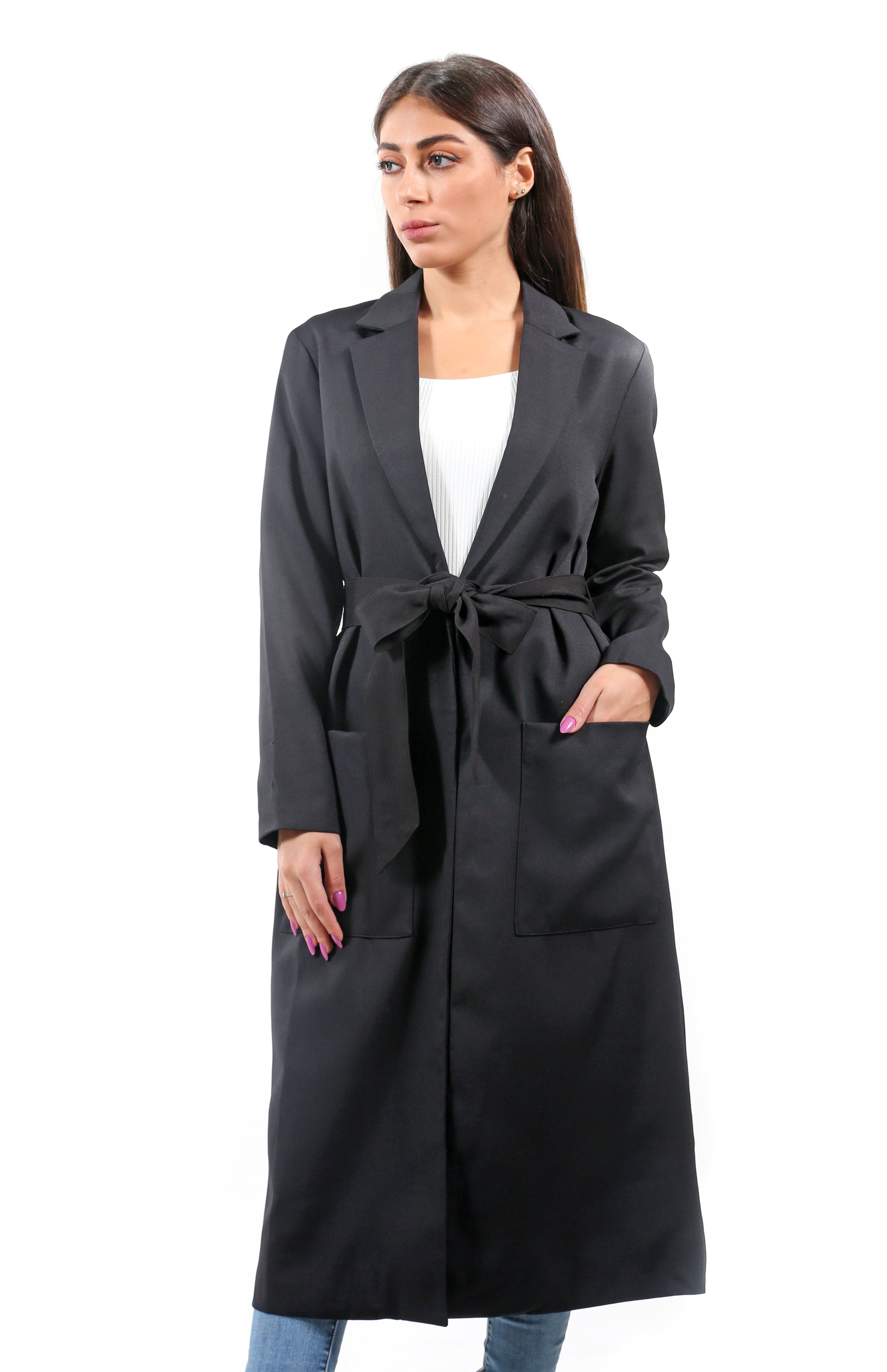 نتشي سترة سادة طويلة جيوب كبيرة وبرباط بأكمام طويلة