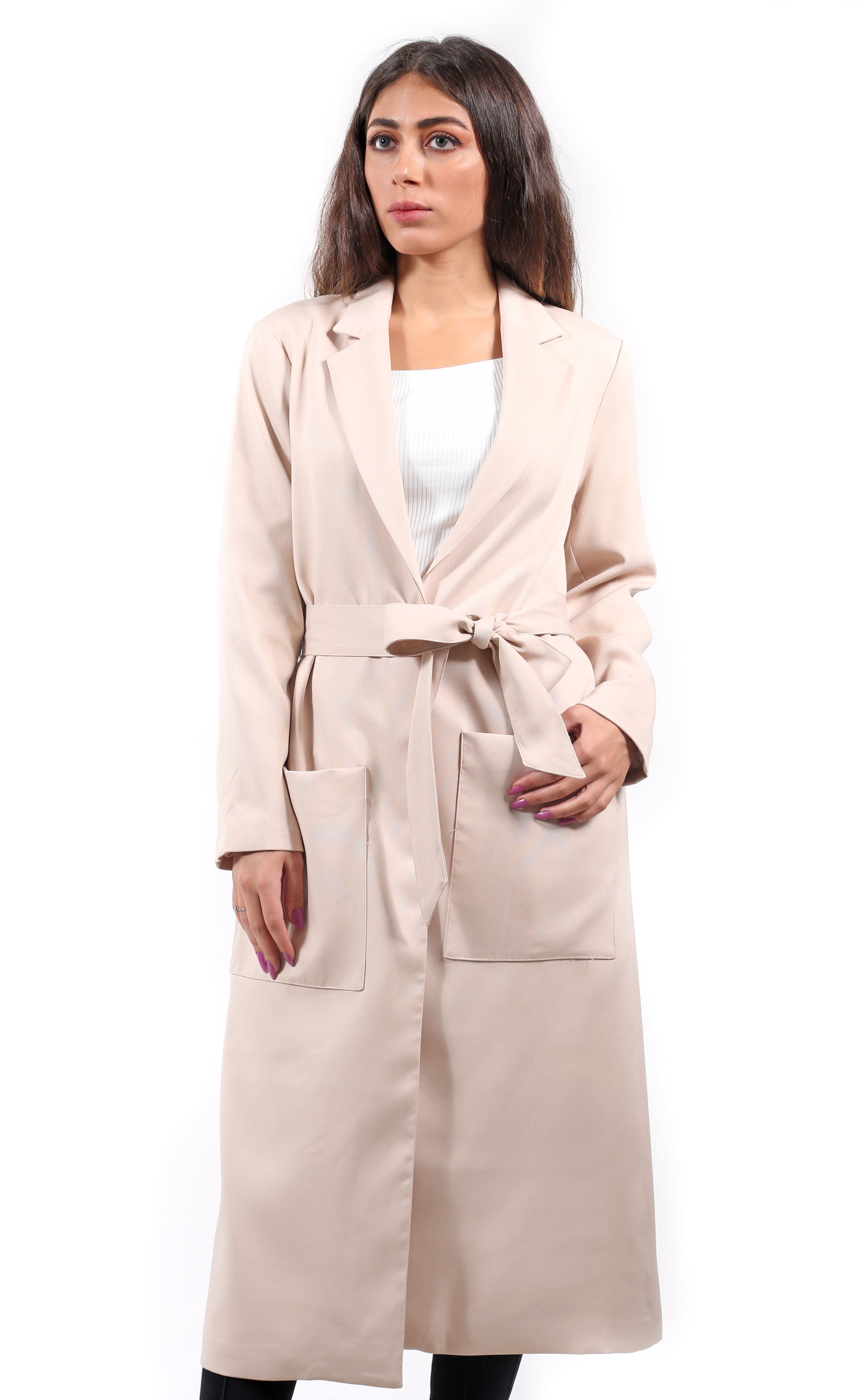 نتشي سترة سادة طويلة جيوب كبيرة وبرباط بأكمام طويلة