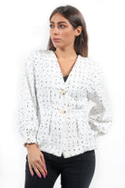 نتشي جاكيت نسائي منقط كم طويل بأزرار امامية أبيض