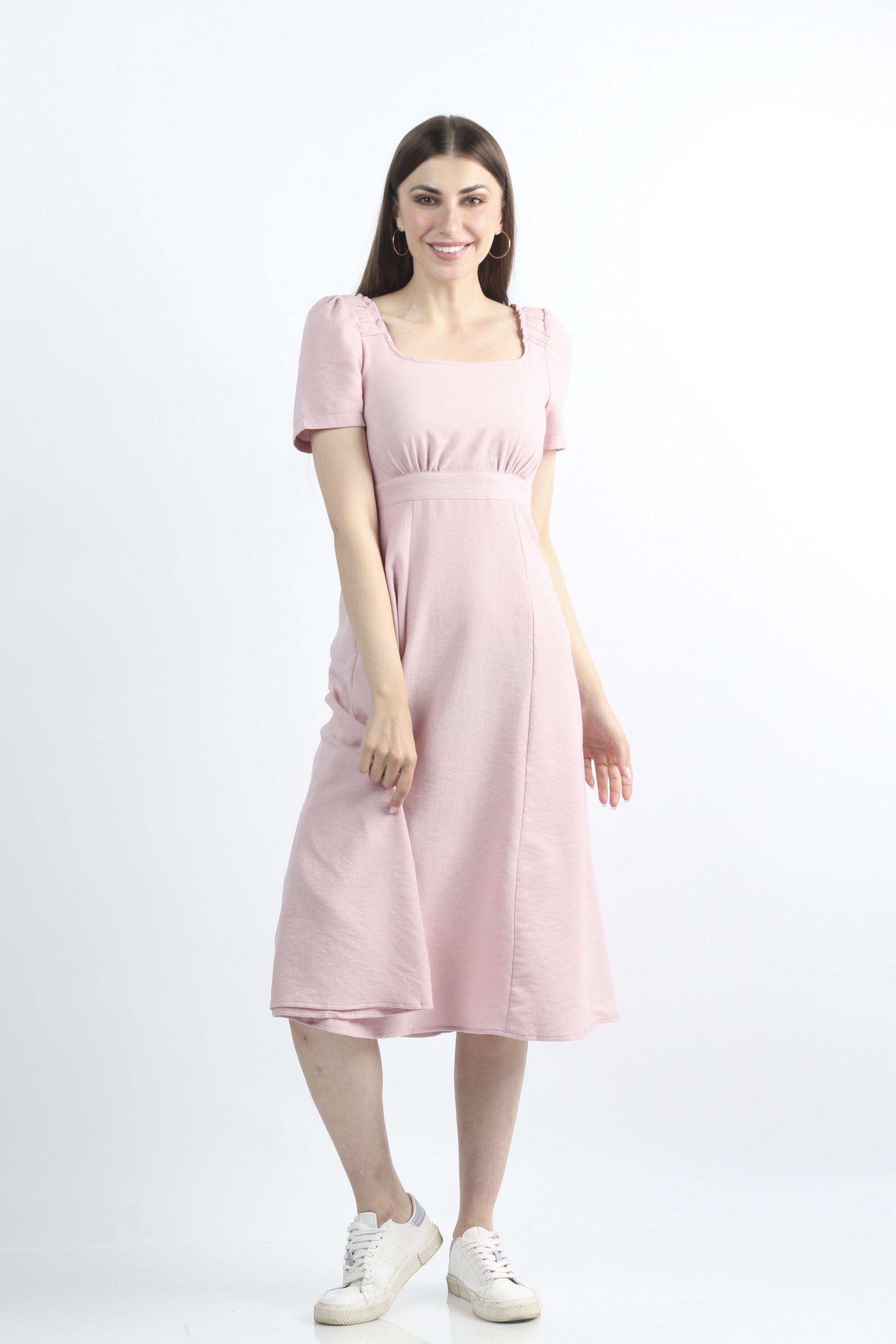 كيتشن فستان ميدي سادة مخصر نص كم بف