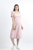 كيتشن فستان ميدي سادة مخصر نص كم بف