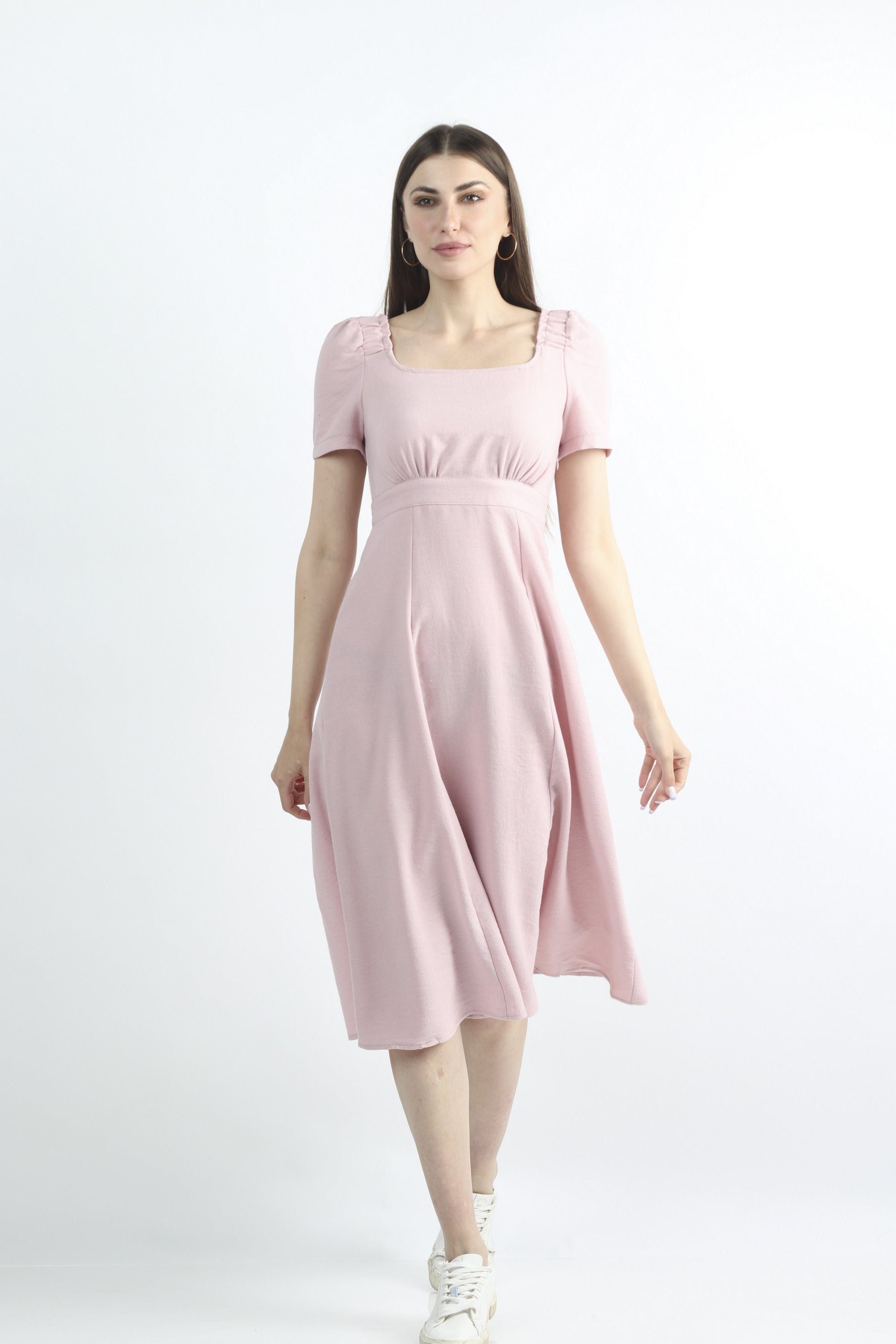 كيتشن فستان ميدي سادة مخصر نص كم بف