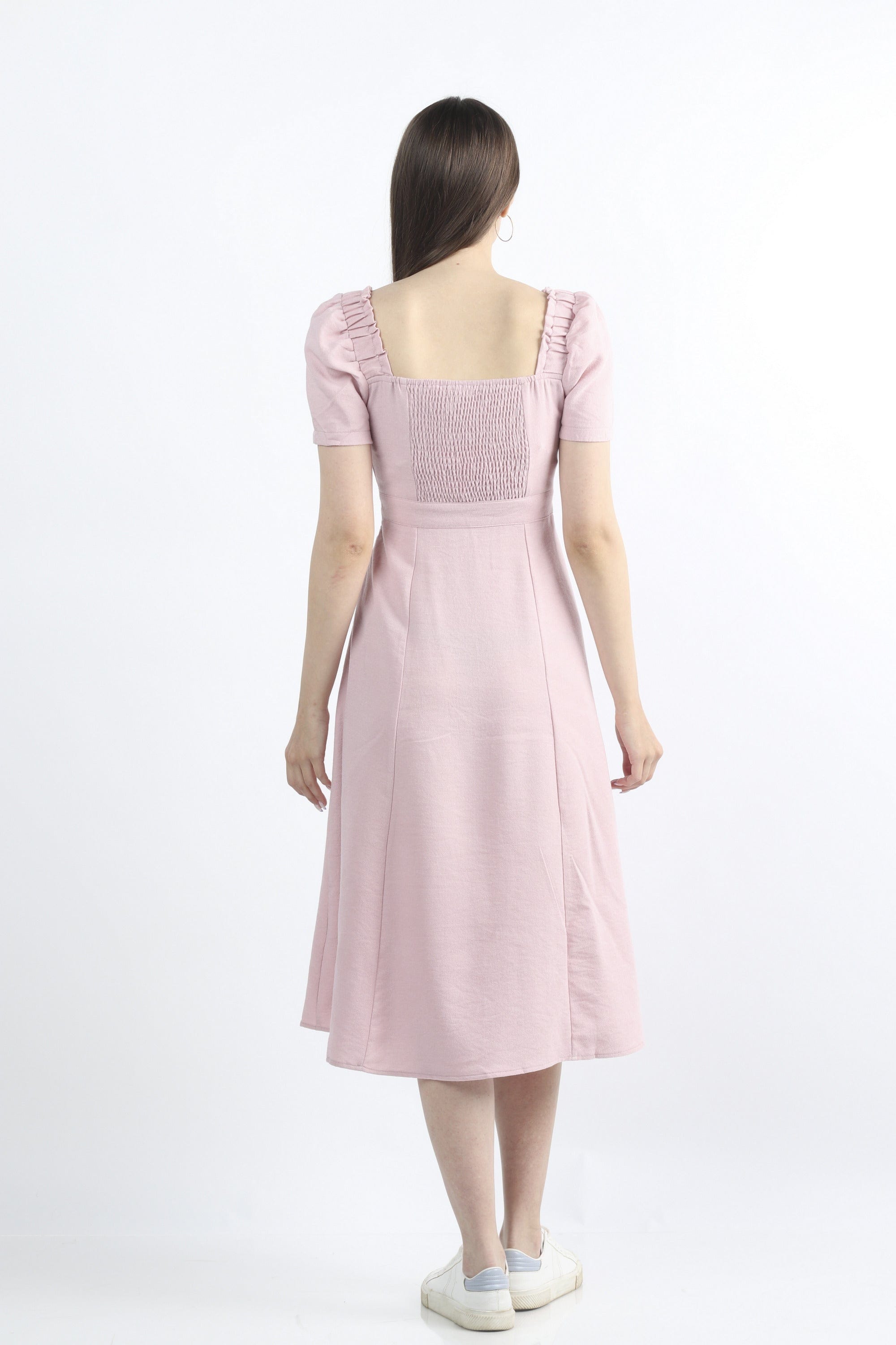 كيتشن فستان ميدي سادة مخصر نص كم بف