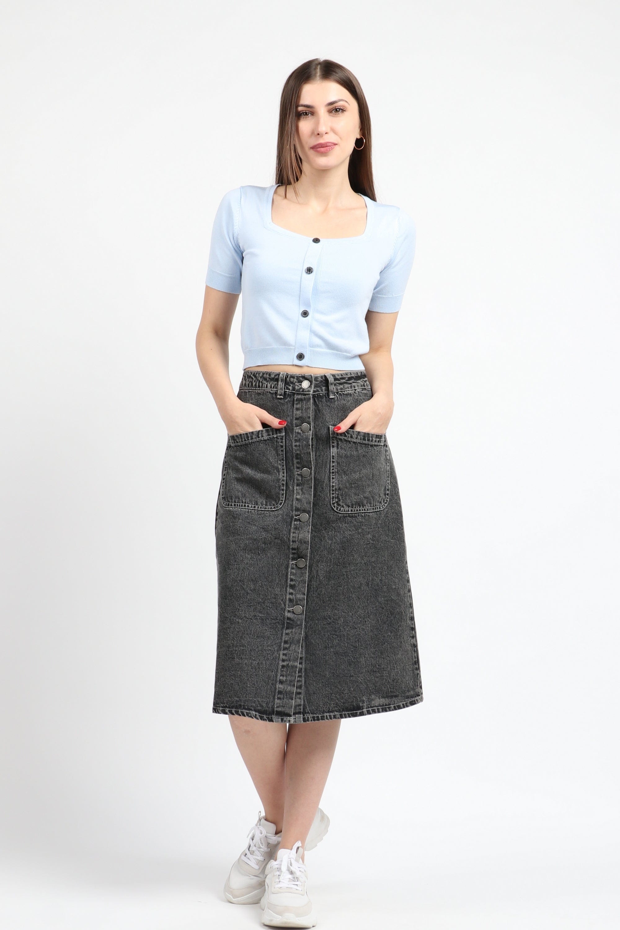 كيتشن تنورة ميدي جينز بجيوب أمامية وأزرار