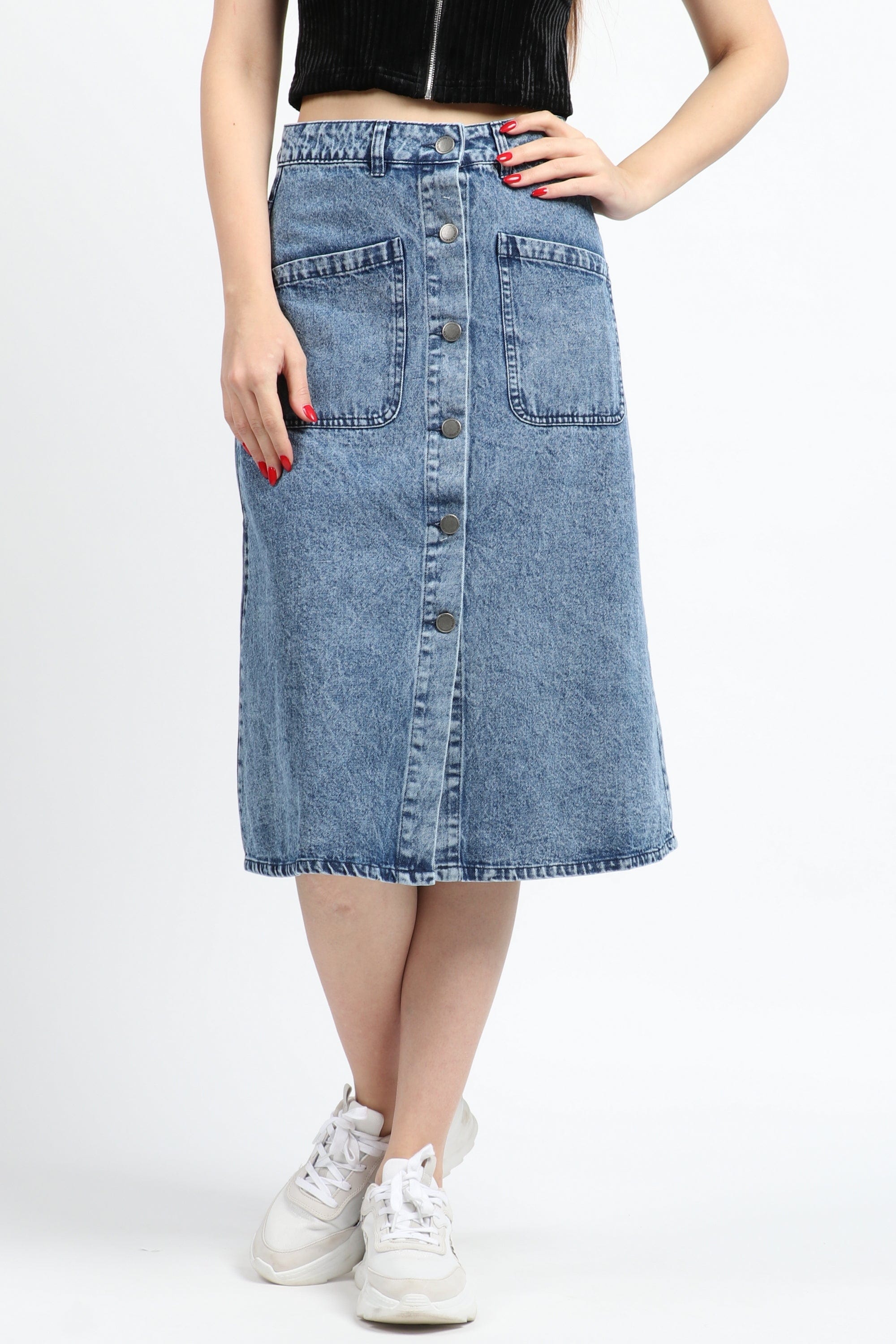 كيتشن تنورة ميدي جينز بجيوب أمامية وأزرار