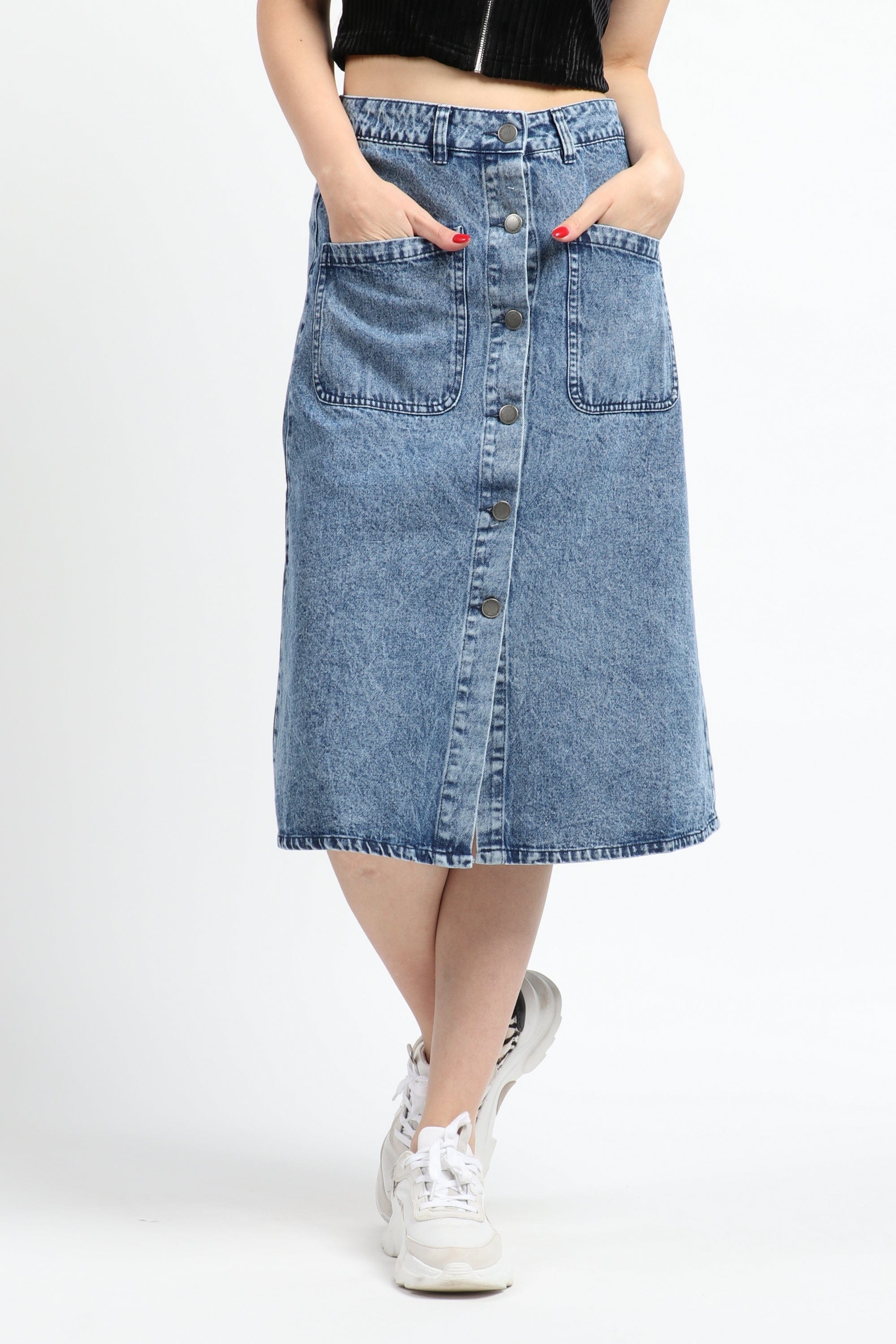 كيتشن تنورة ميدي جينز بجيوب أمامية وأزرار