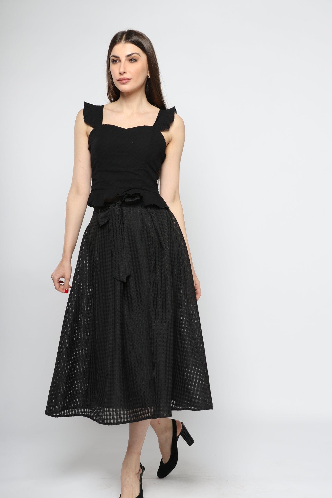 كيتشن تنورة ميدي واسعة مخرمة مبطنة