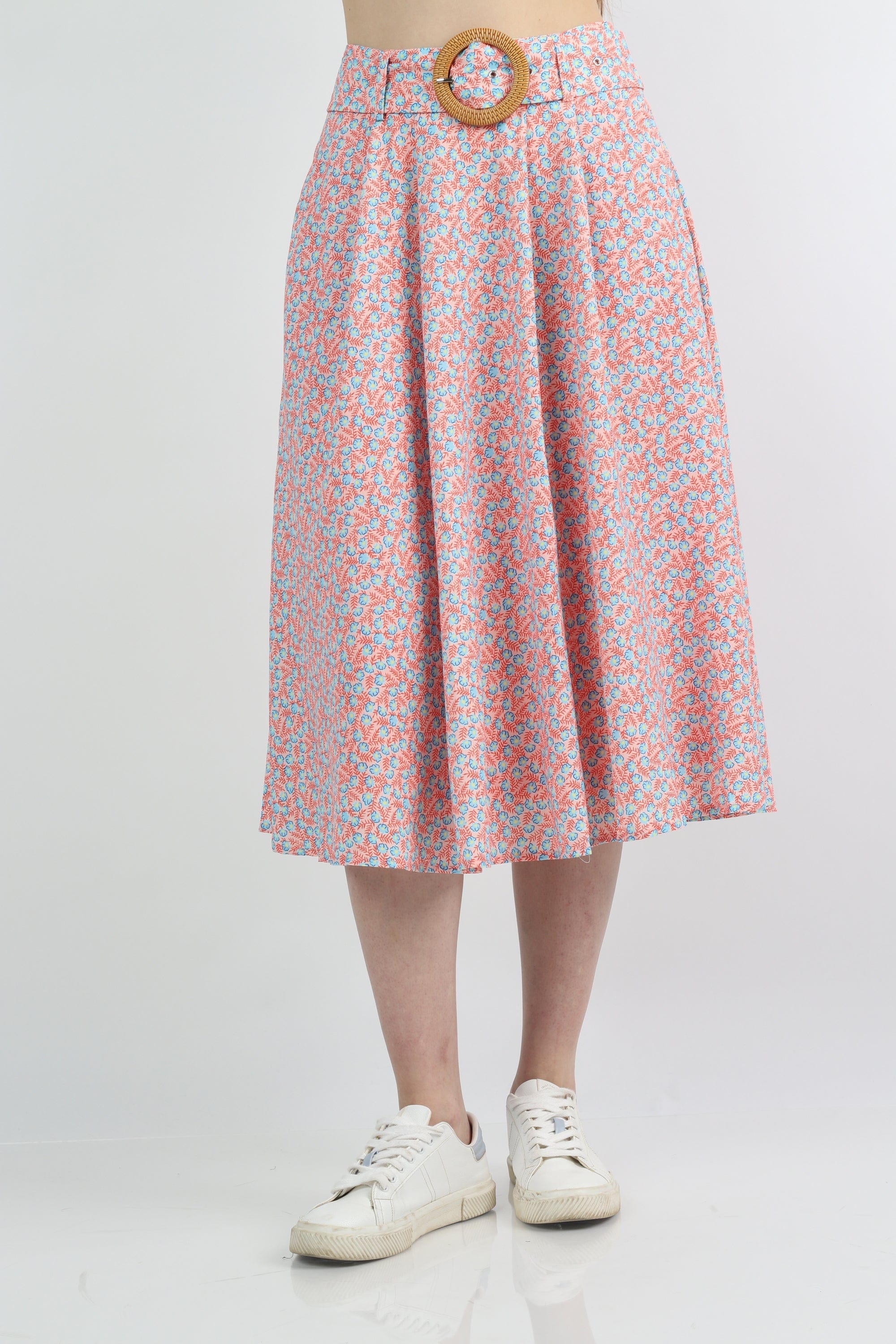 كيتشن تنورة ميدي مورد واسعة بكسرات بحزام عريض