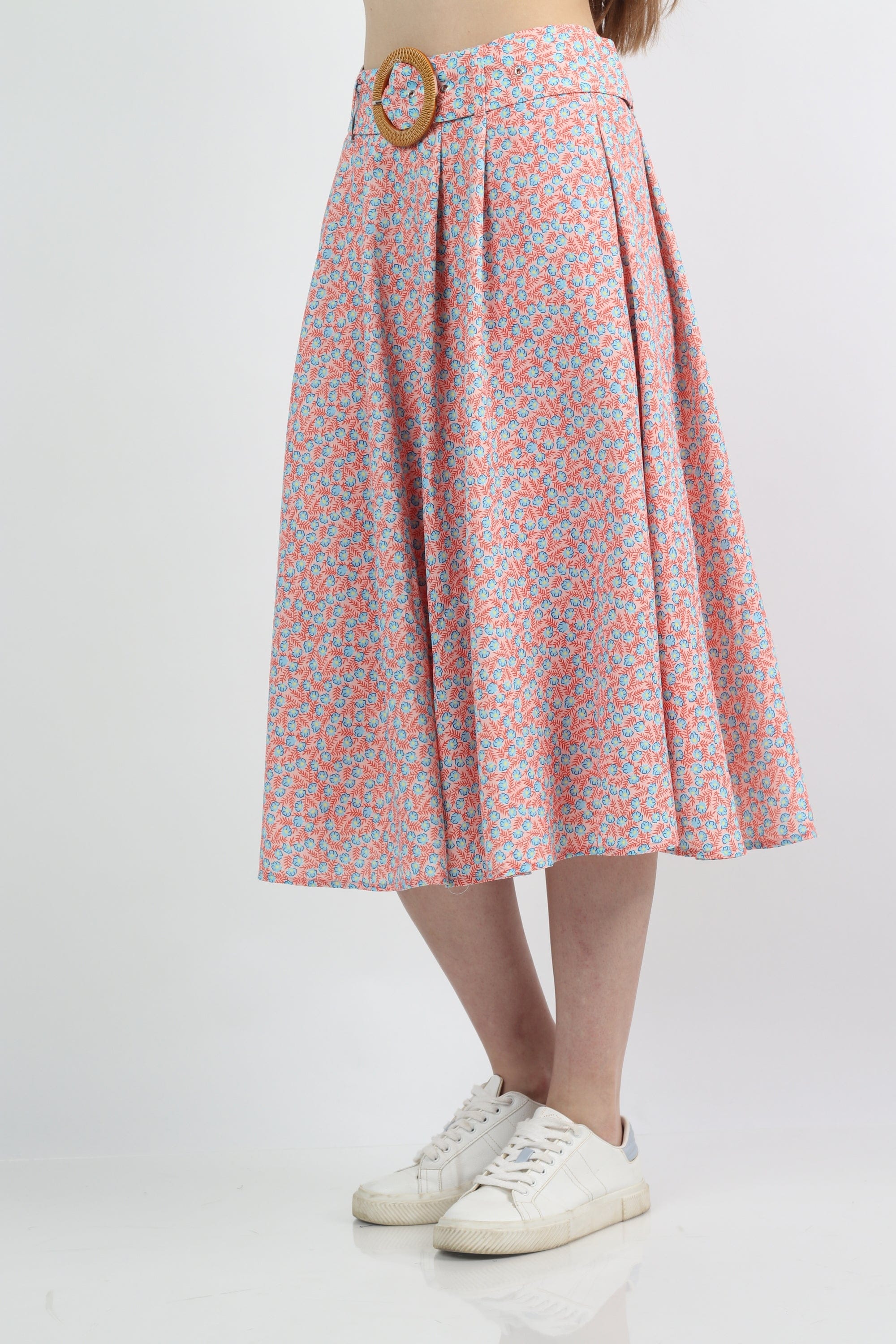 كيتشن تنورة ميدي مورد واسعة بكسرات بحزام عريض