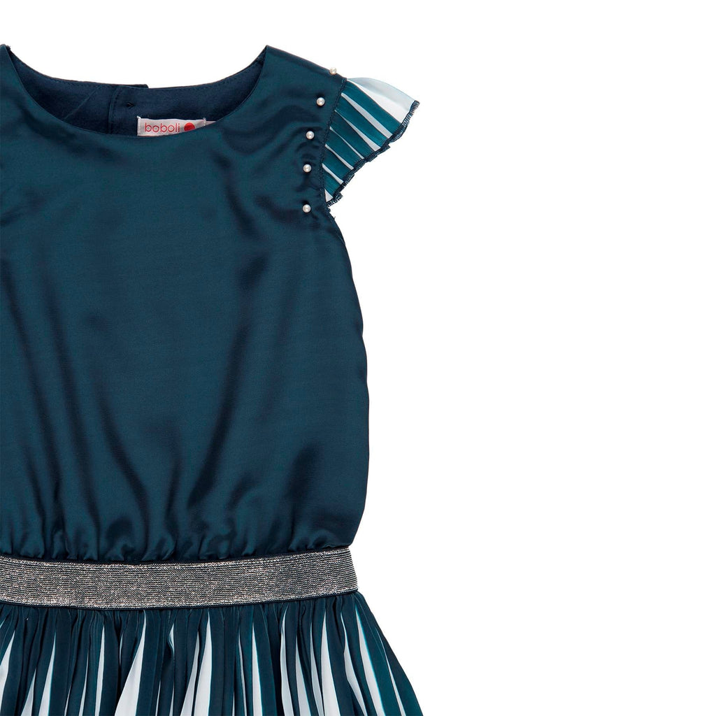 بوبولي فستان واسع كم قصير كرانيش مخطط بالطول بناتي أزرق داكن