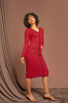 نتشي فستان ميدي مخطط العرض ضيق أزرار أمامية نسائي