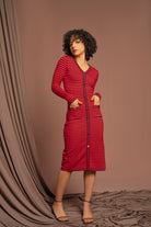 نتشي فستان ميدي مخطط العرض ضيق أزرار أمامية نسائي