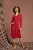 نتشي فستان ميدي مخطط العرض ضيق أزرار أمامية نسائي