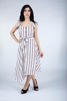 نتشي فستان ميدي مخطط بالطول برباط بأزرار أمامية بأكمام قصيرة