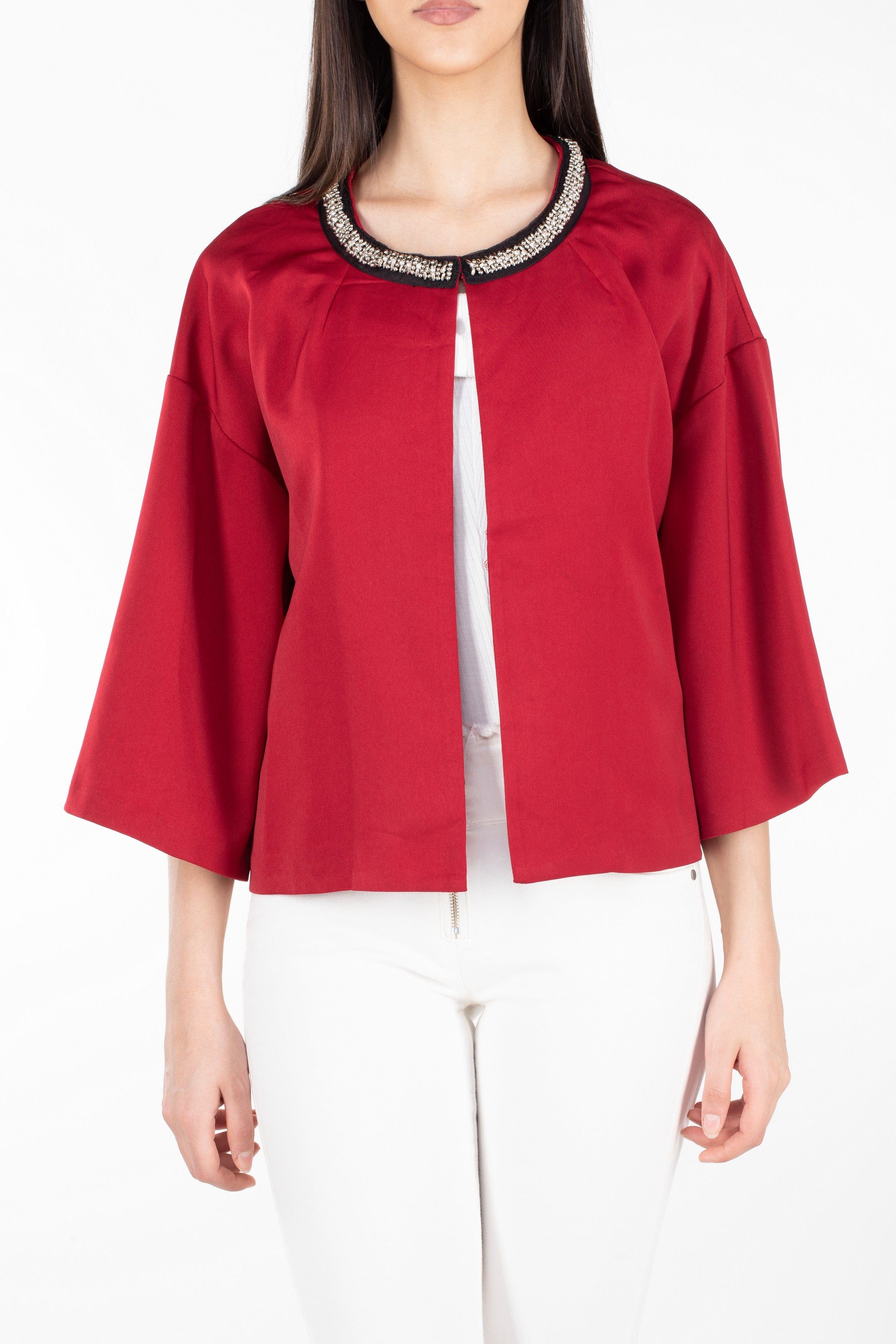 نتشي جاكيت نسائي مطرز من الياقة 3/4 كم سادة مارون