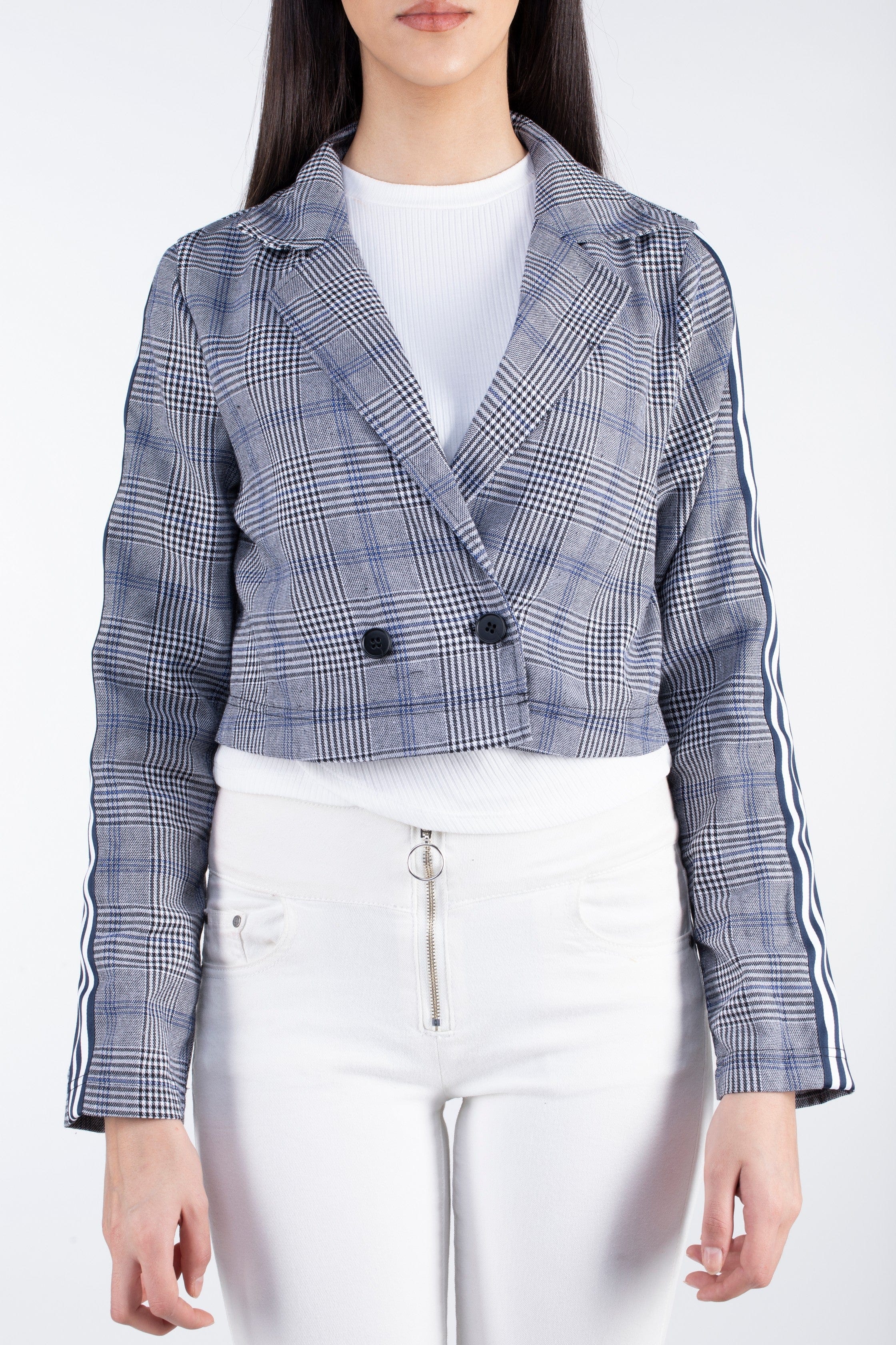 كيتشن جاكيت كاروهات بأزرار أمامية كم قصير نسائي رمادي