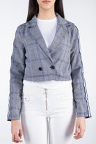 كيتشن جاكيت كاروهات بأزرار أمامية كم قصير نسائي رمادي