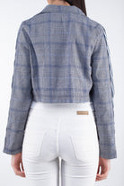 كيتشن جاكيت كاروهات بأزرار أمامية كم قصير نسائي رمادي