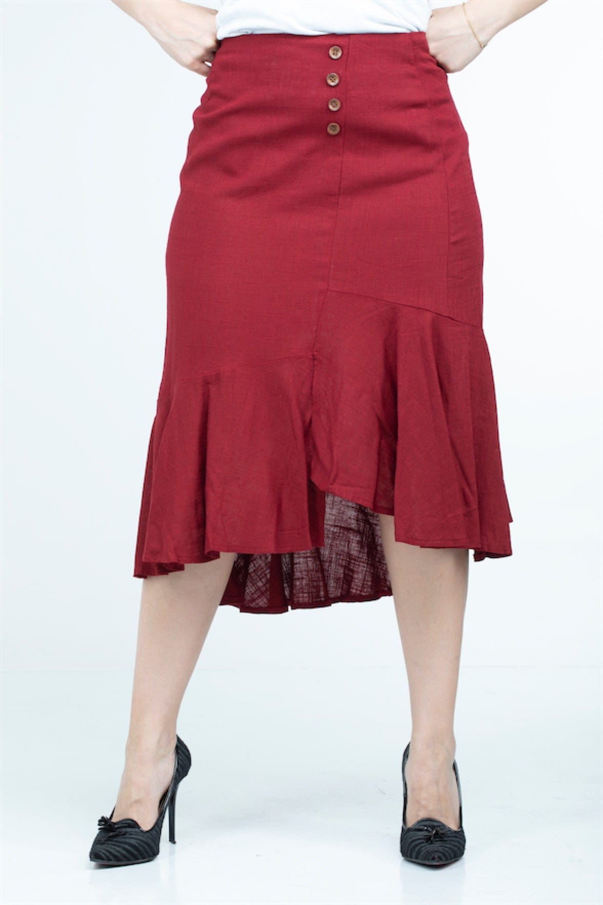 كيتشن تنورة ميدي فسكوز بكلوش أسفل الخصر مزينة بأزرار أمامية