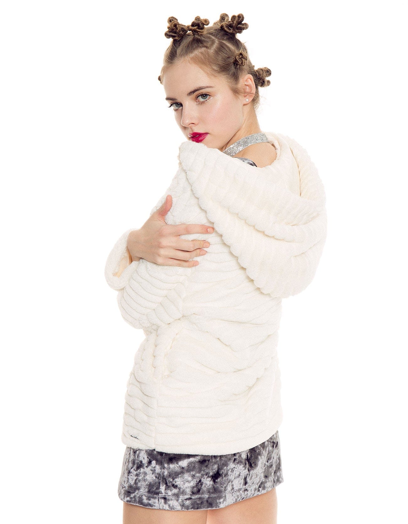 شانا جاكيت فرو طويل كم طويل بقبعة نسائي بيج فاتح