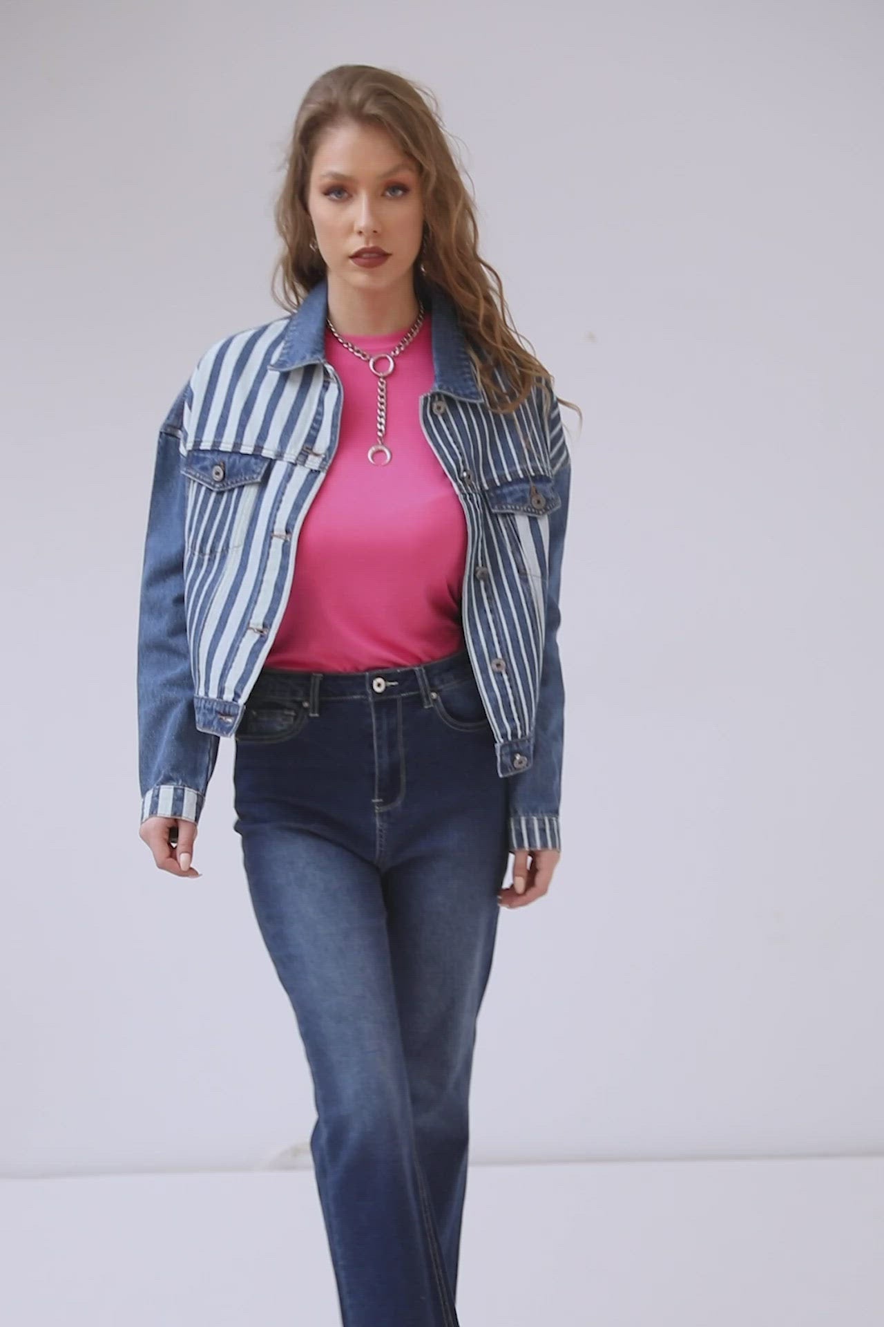 داليدرس جاكيت جينز مخطط بالطول بجيوب كم طويل نسائي أزرق