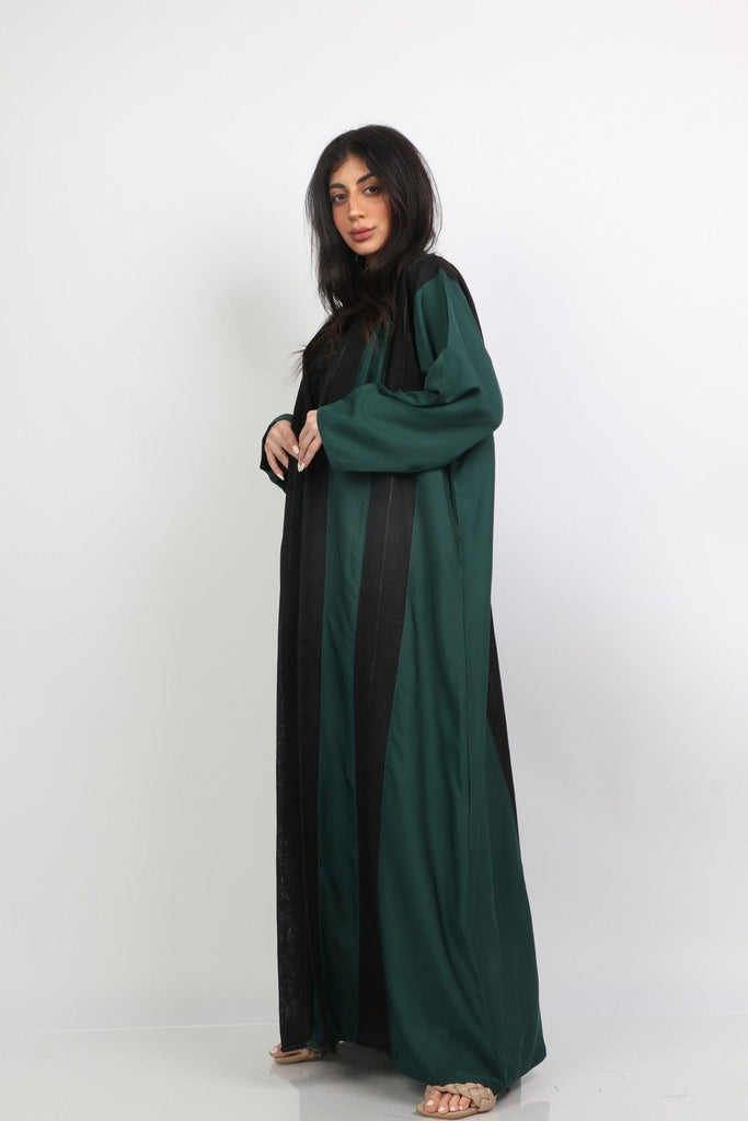 كاميليا عباية مقلمة مصنوعة من الحرير الأخضر/الأسود