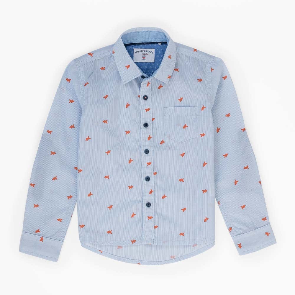 جينجرسنابس قميص بولو منسوج للأولاد منقوش بأزرار أمامية كم طويل أزرق فاتح