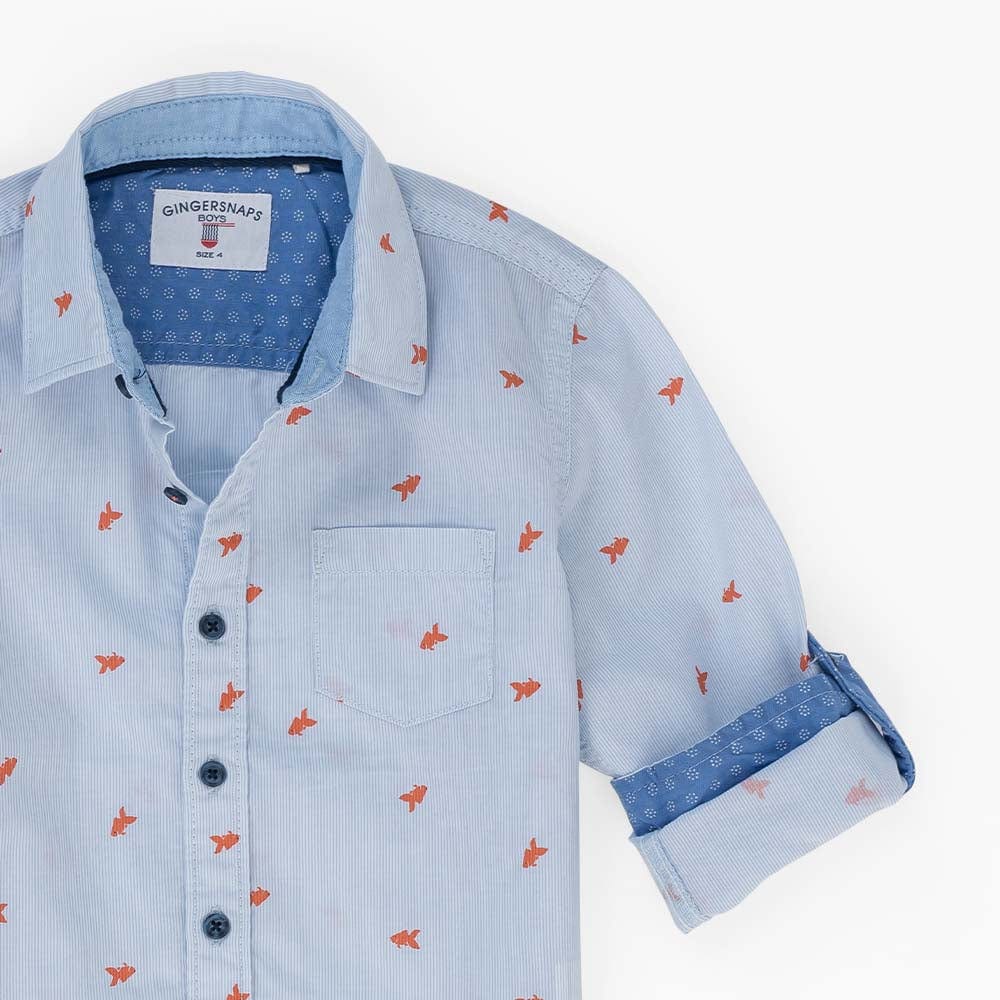 جينجرسنابس قميص بولو منسوج للأولاد منقوش بأزرار أمامية كم طويل أزرق فاتح