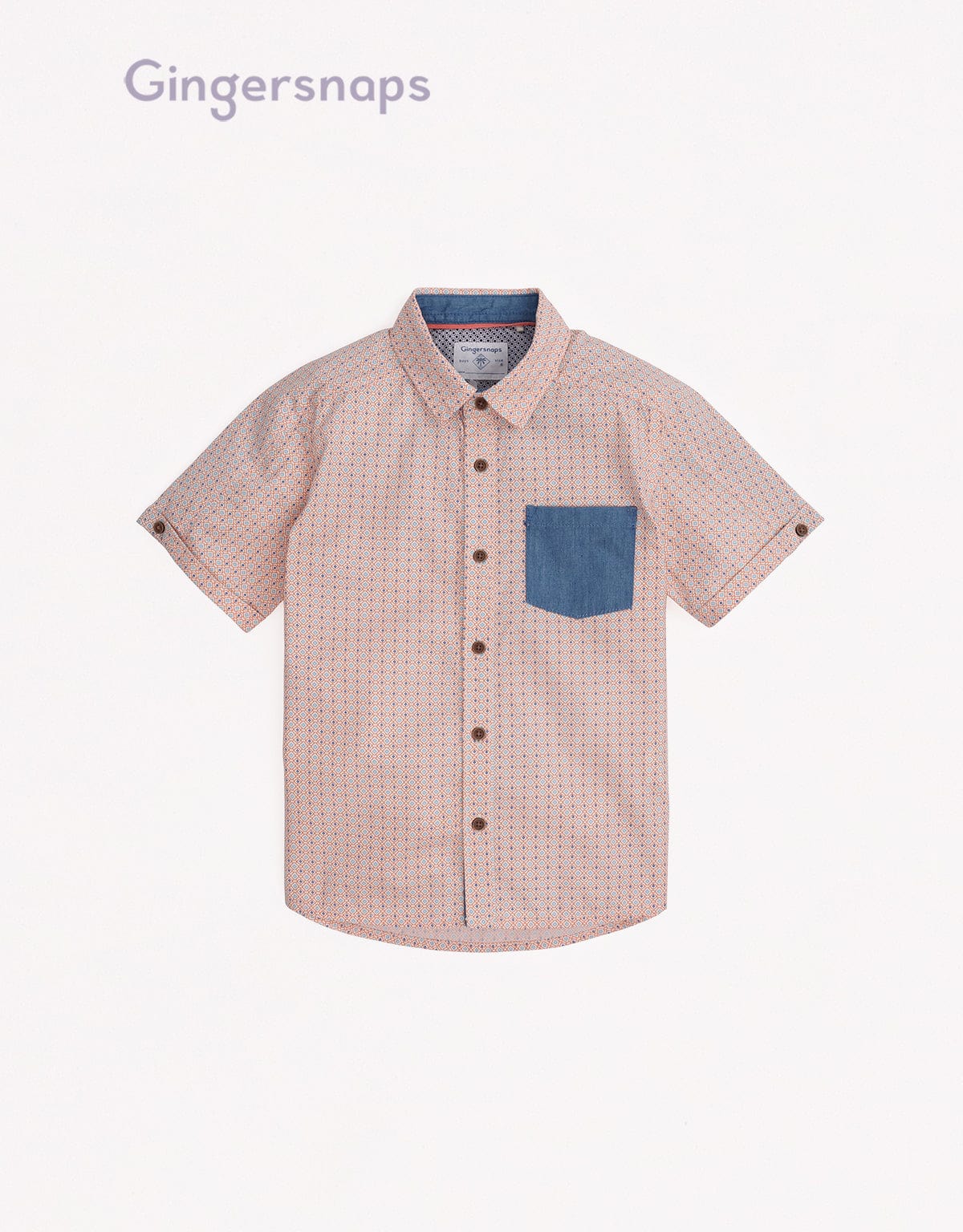 جينجرسنابس قميص مربعات بأزرار أمامية وجيب على الصدر نص كم ولادي البرتقالي