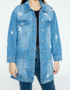 شانا جاكيت جينز بأزرار أمامية طويل كم طويل وردي