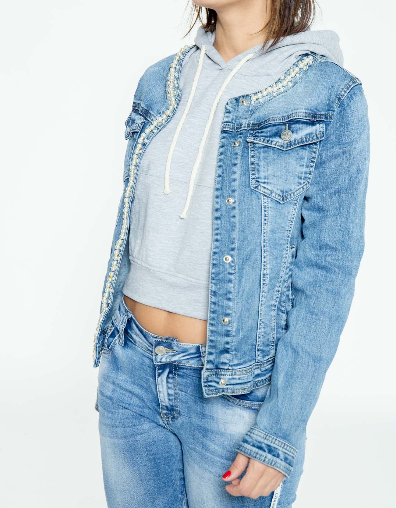 شانا جاكيت جينز بأزرار أمامية مزين باللؤلؤ كم طويل أزرق جينز